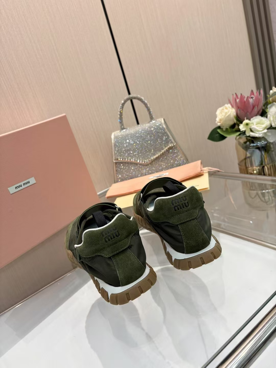 Miu Miu Women's Olive Green Tech Fabric & Suede Calfskin Tire Sneakers Sandals 1 a1744046379364 5256