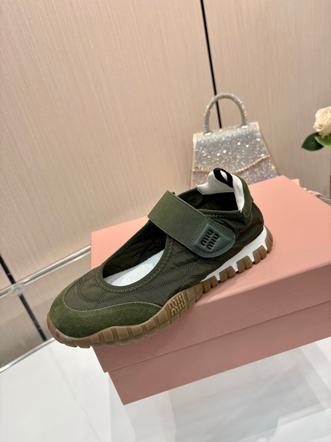Miu Miu Women's Olive Green Tech Fabric & Suede Calfskin Tire Sneakers Sandals 5 a1744046379366 4202