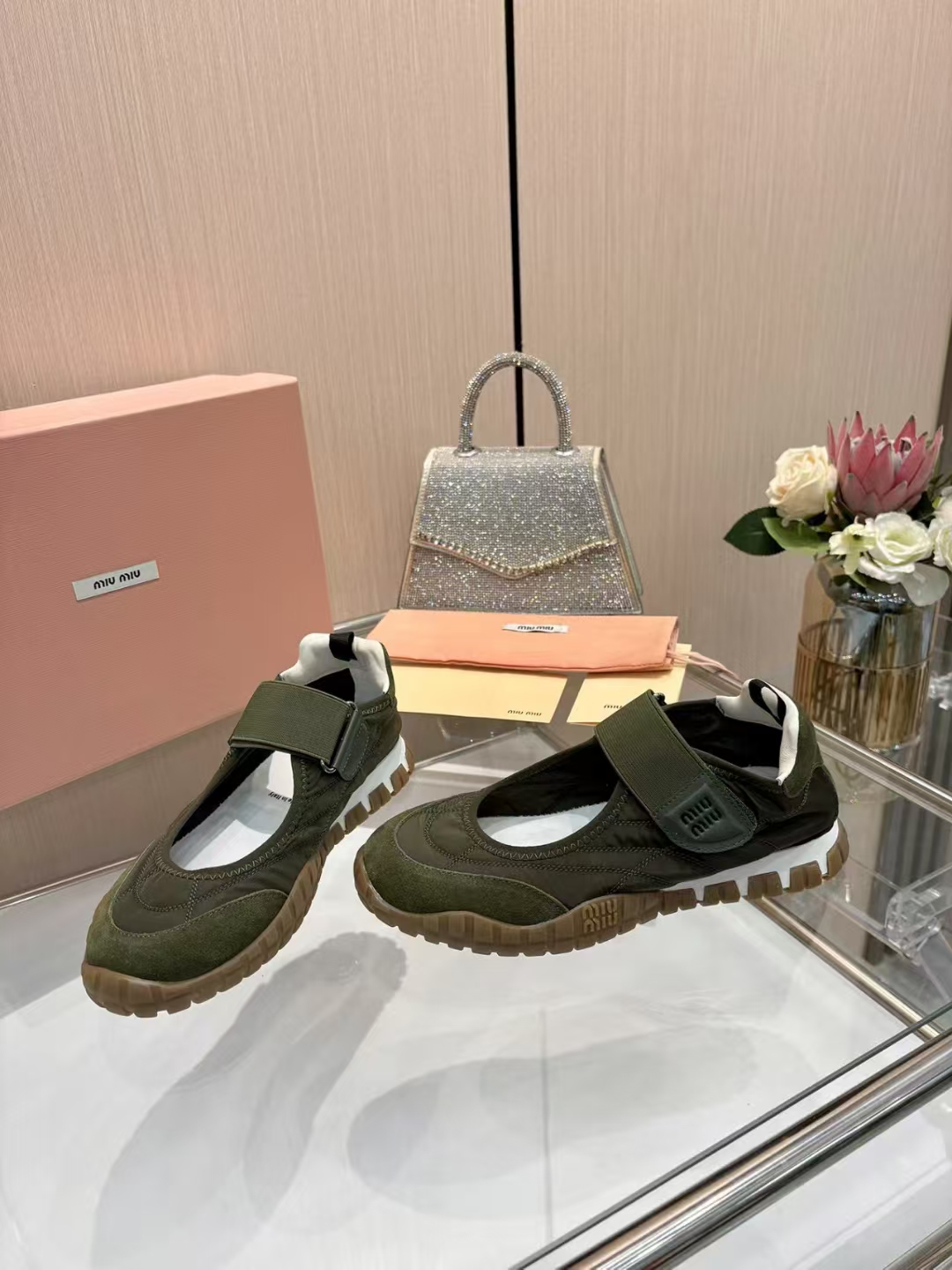 Miu Miu Women's Olive Green Tech Fabric & Suede Calfskin Tire Sneakers Sandals 2 a1744046379391 1657