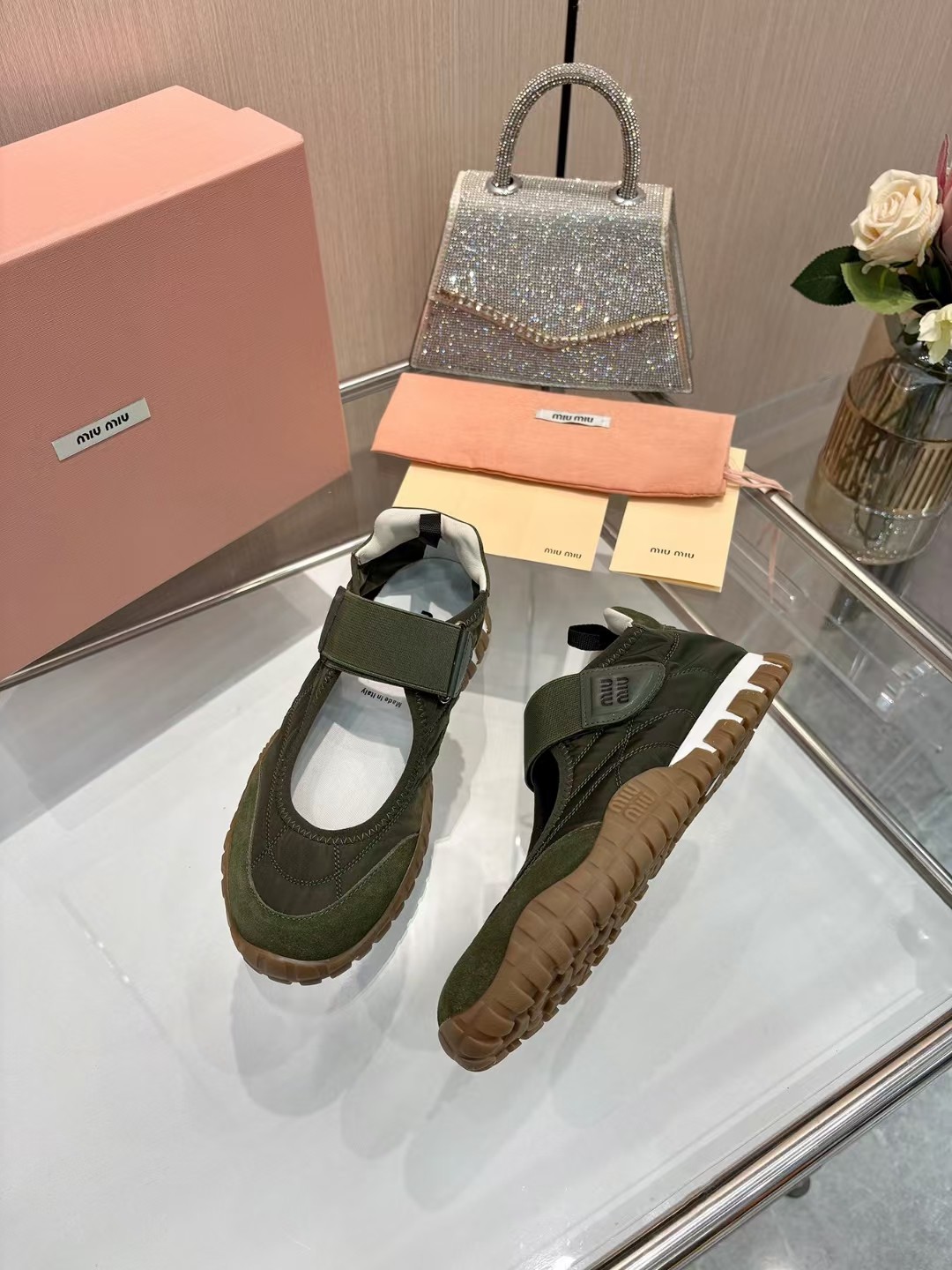 Miu Miu Women's Olive Green Tech Fabric & Suede Calfskin Tire Sneakers Sandals 4 a1744046379441 1336