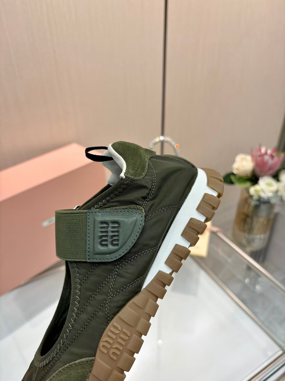 Miu Miu Women's Olive Green Tech Fabric & Suede Calfskin Tire Sneakers Sandals 8 a1744046381733 0026