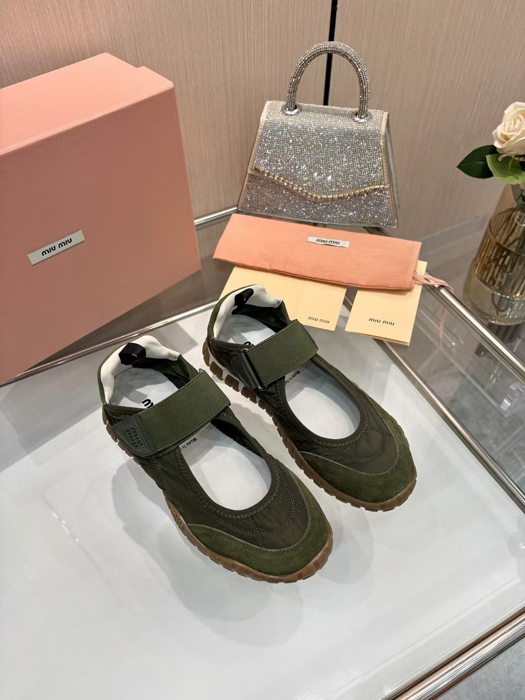 Miu Miu Women's Olive Green Tech Fabric & Suede Calfskin Tire Sneakers Sandals 7 a1744046381798 1531