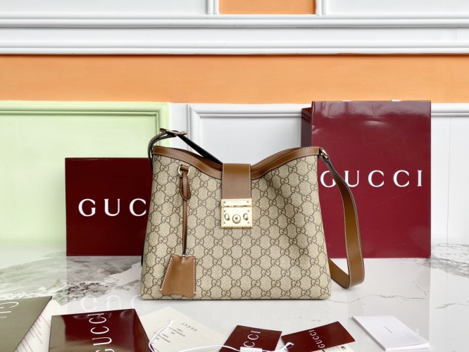 Gucci GG Canvas Padlock Shoulder Bag, Brown Leather Trim, Gold Hardware 1 Gucci GG Canvas Padlock Shoulder Bag, Brown Leather Trim, Gold Hardware