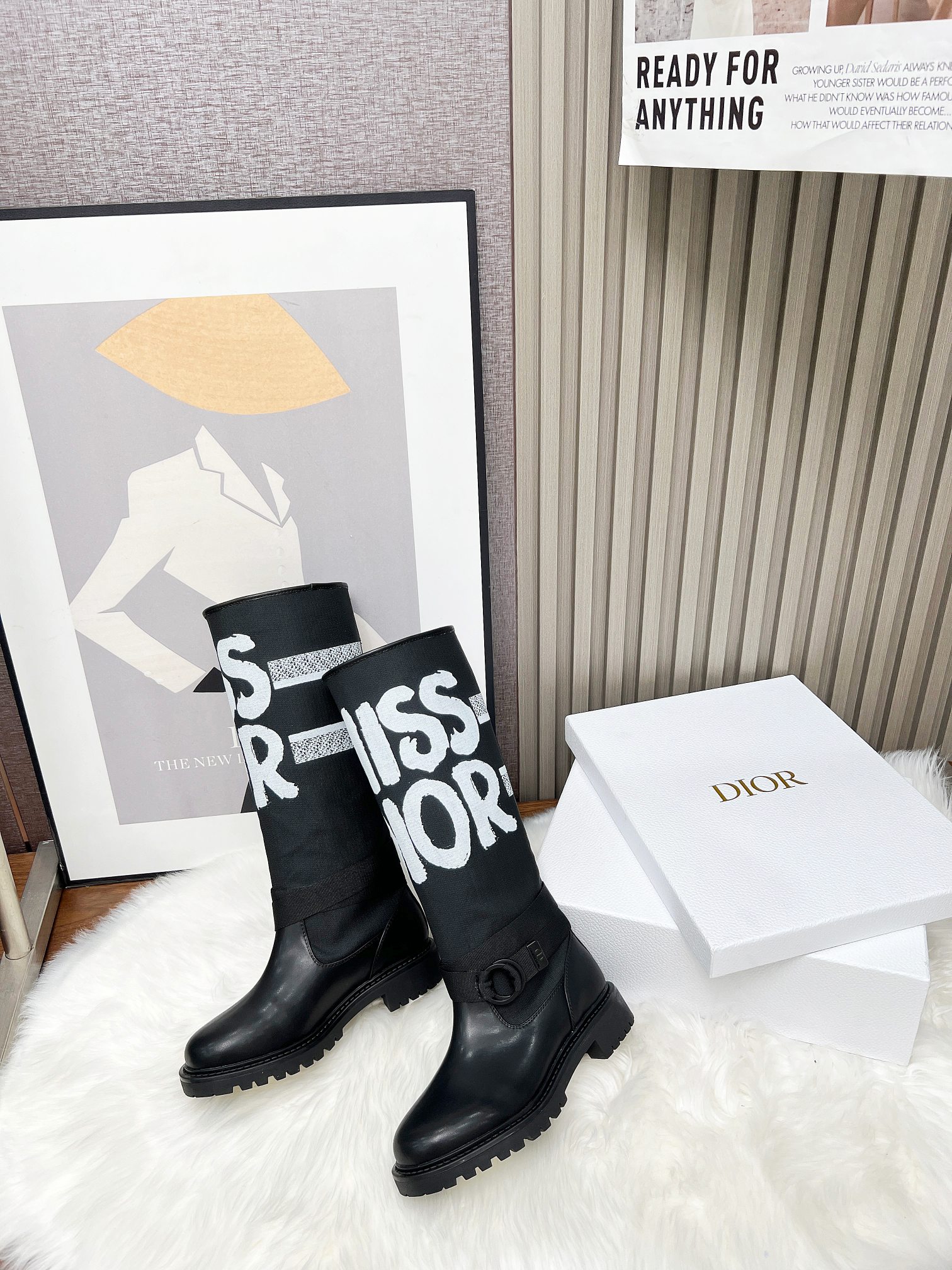 Dior Book Tote Boots Black Yellow Cowhide Nylon Rubber