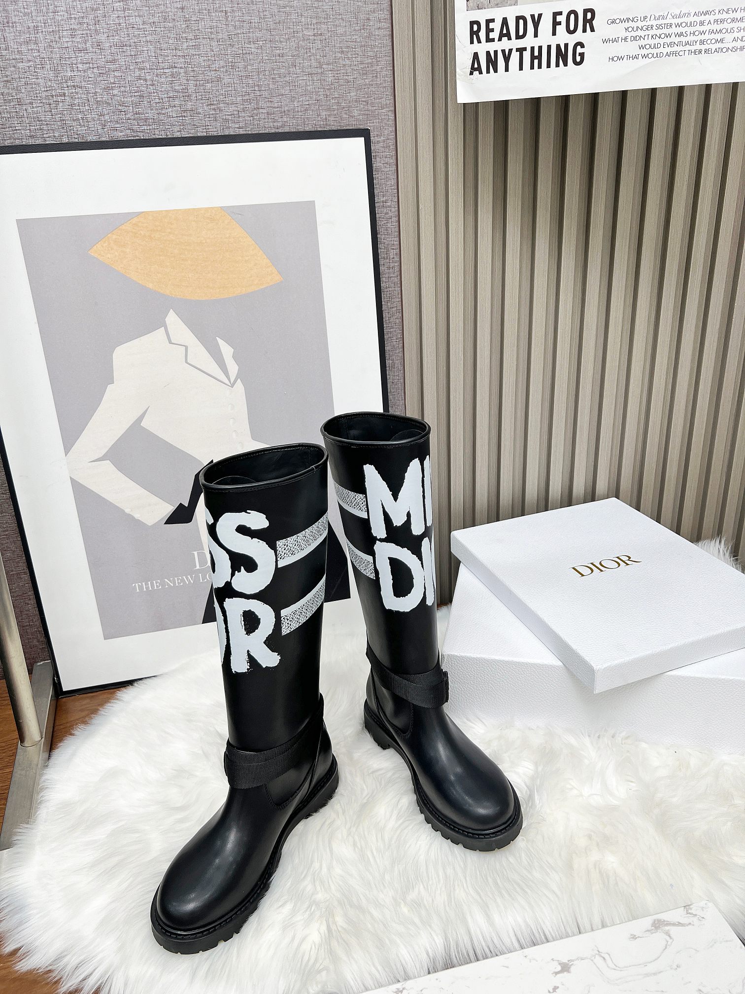 Dior Book Tote Boots Black Yellow Cowhide Nylon Rubber