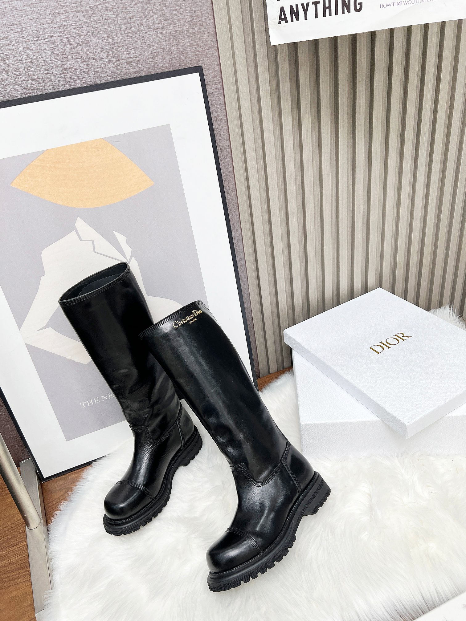 Dior Book Tote Boots Black Yellow Cowhide Nylon Rubber