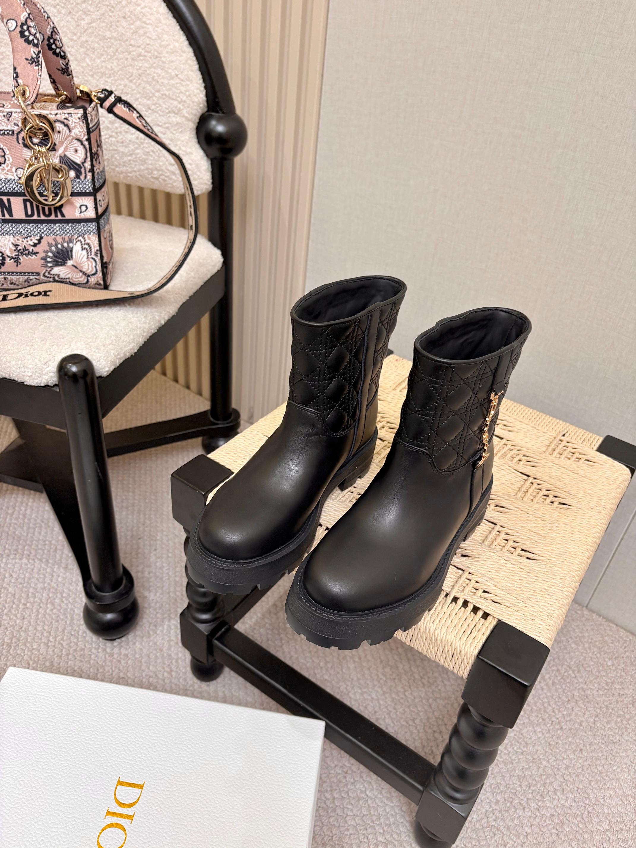 Dior Black Quilted Gold Clasp Biker Boots