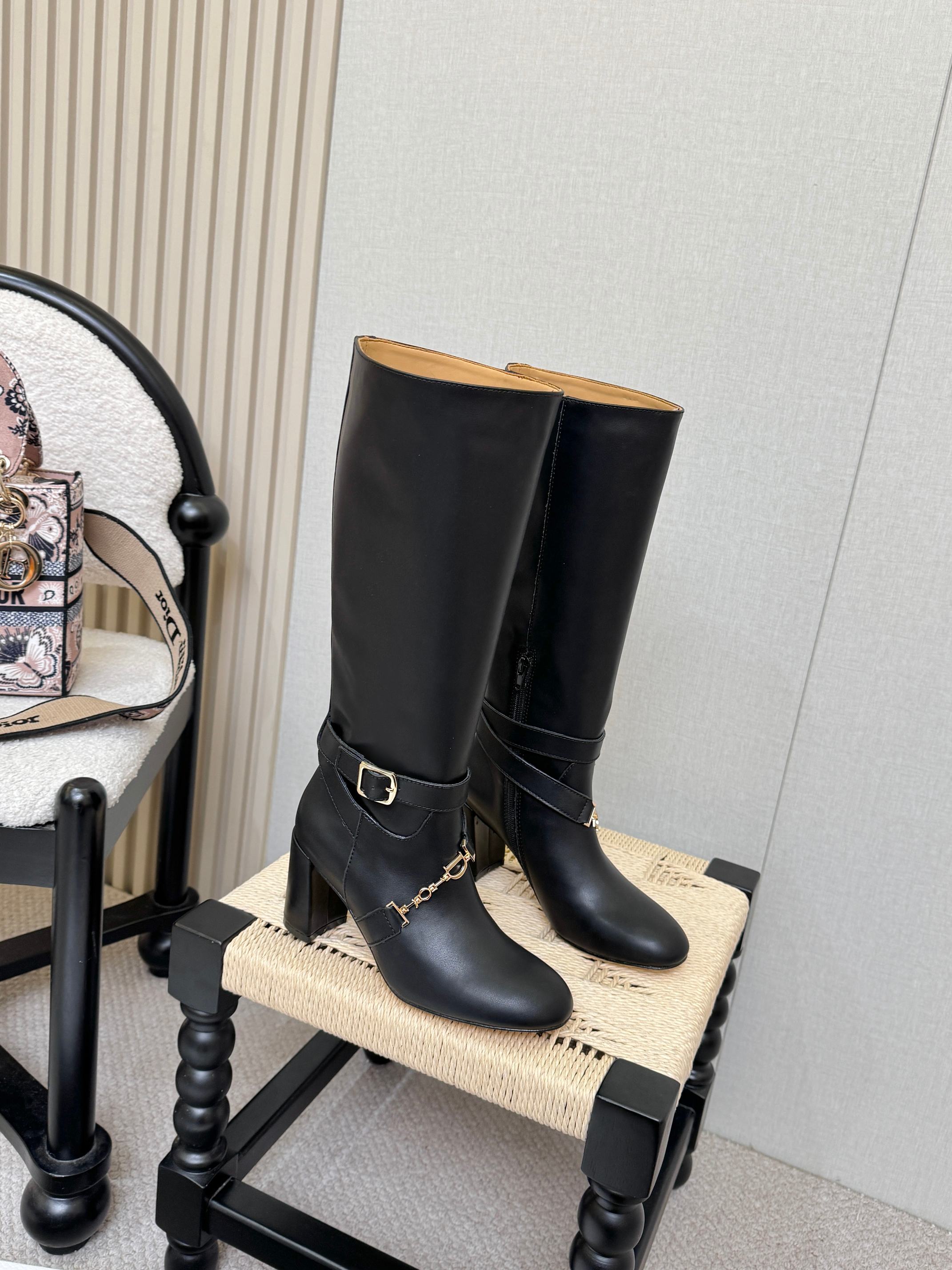 Dior Black Gold Chain Knee High Boots