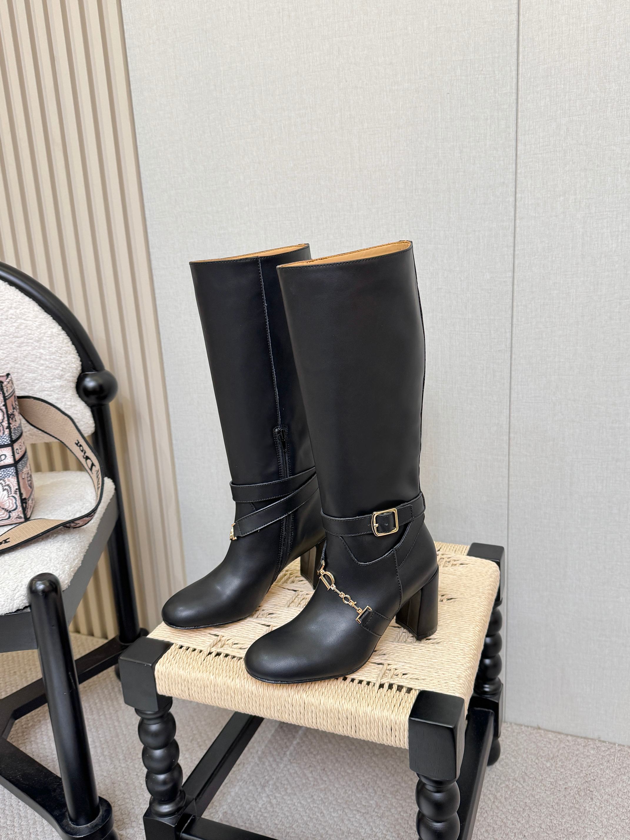 Dior Black Gold Chain Knee High Boots