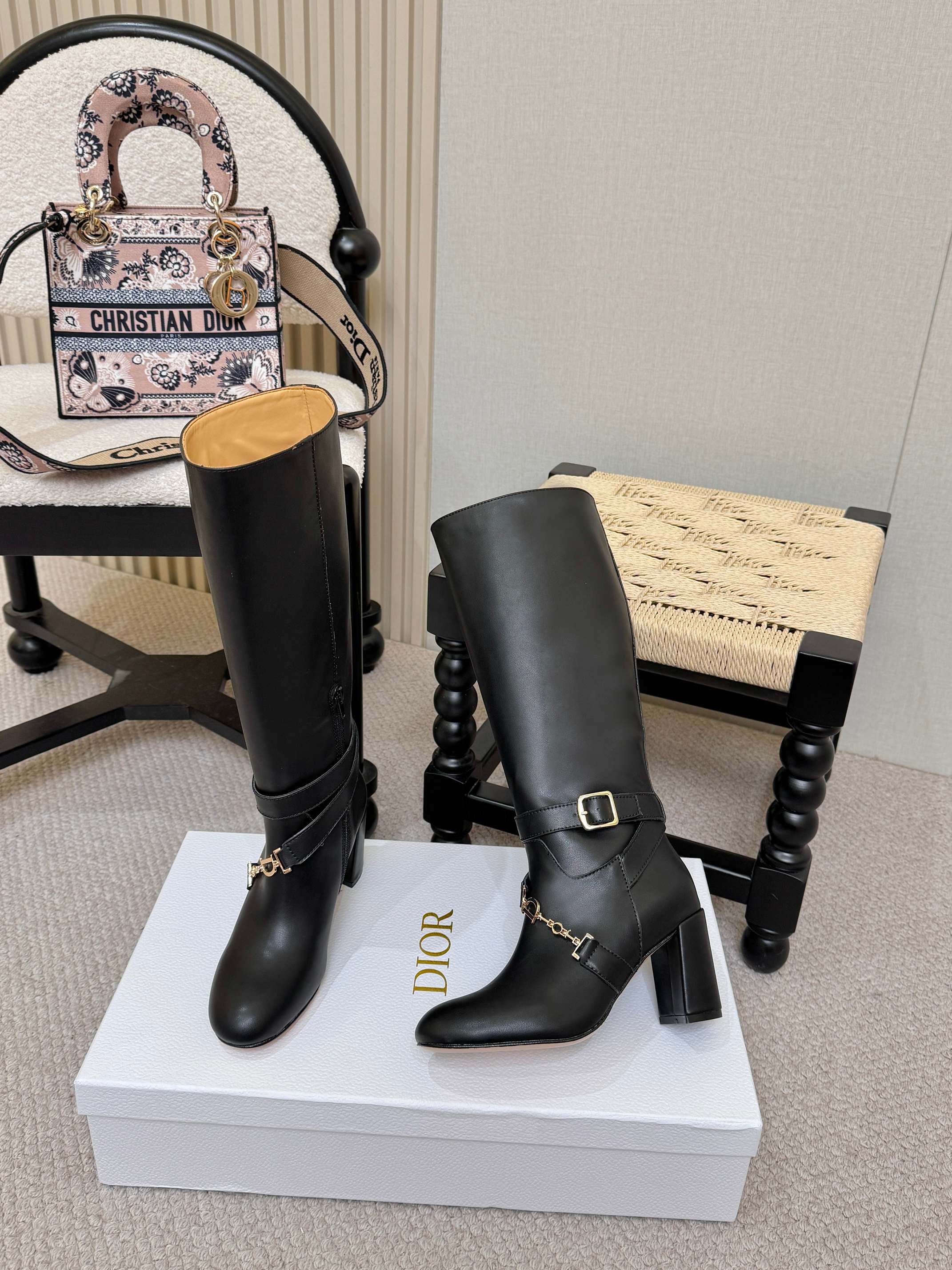 Dior Black Gold Chain Knee High Boots