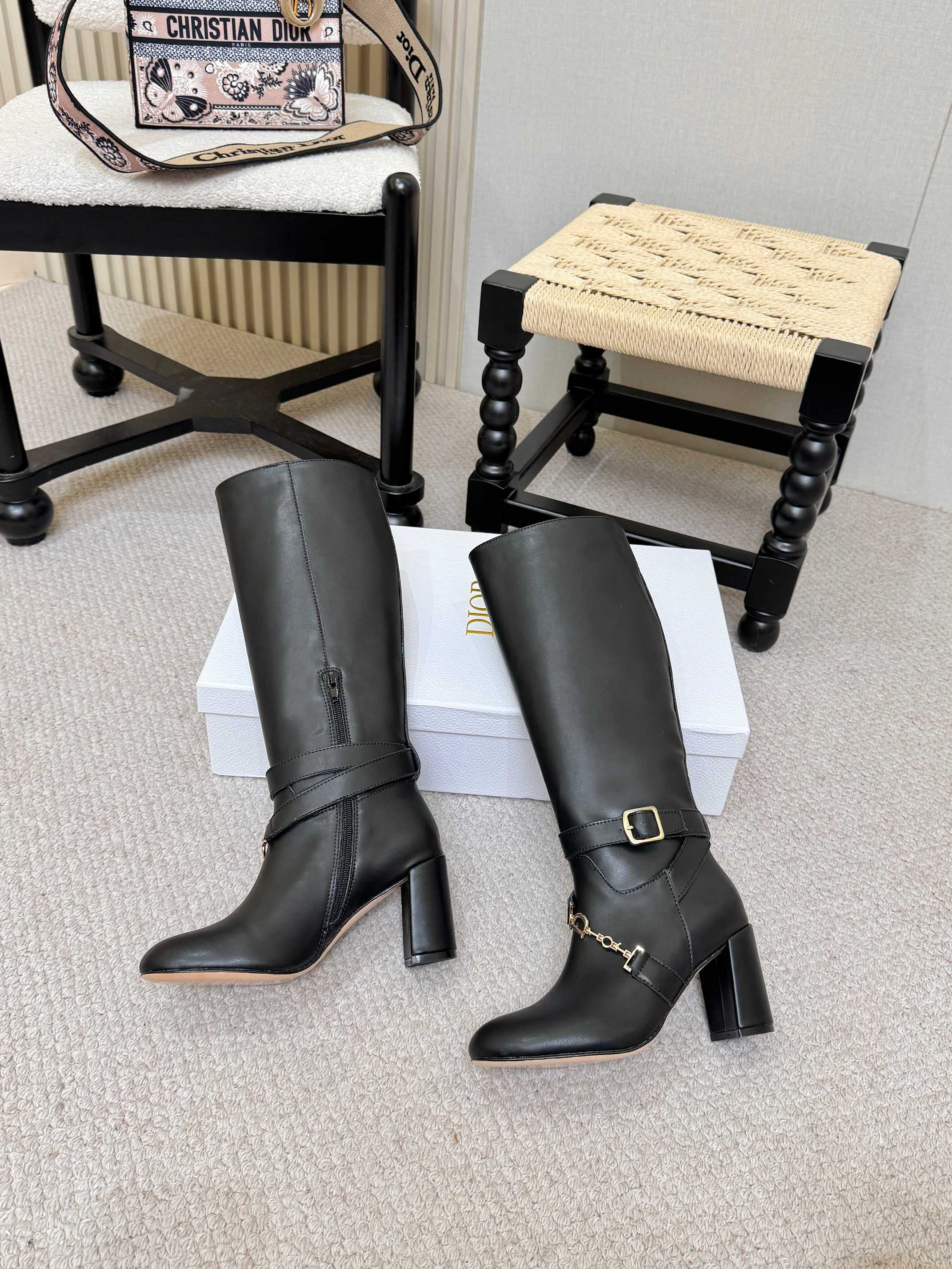 Dior Black Gold Chain Knee High Boots