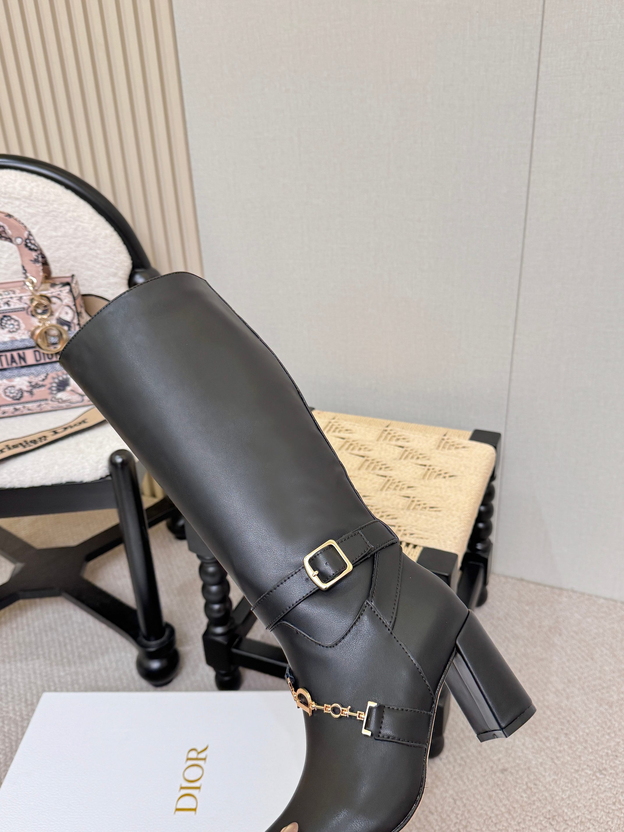 Dior Black Gold Chain Knee High Boots