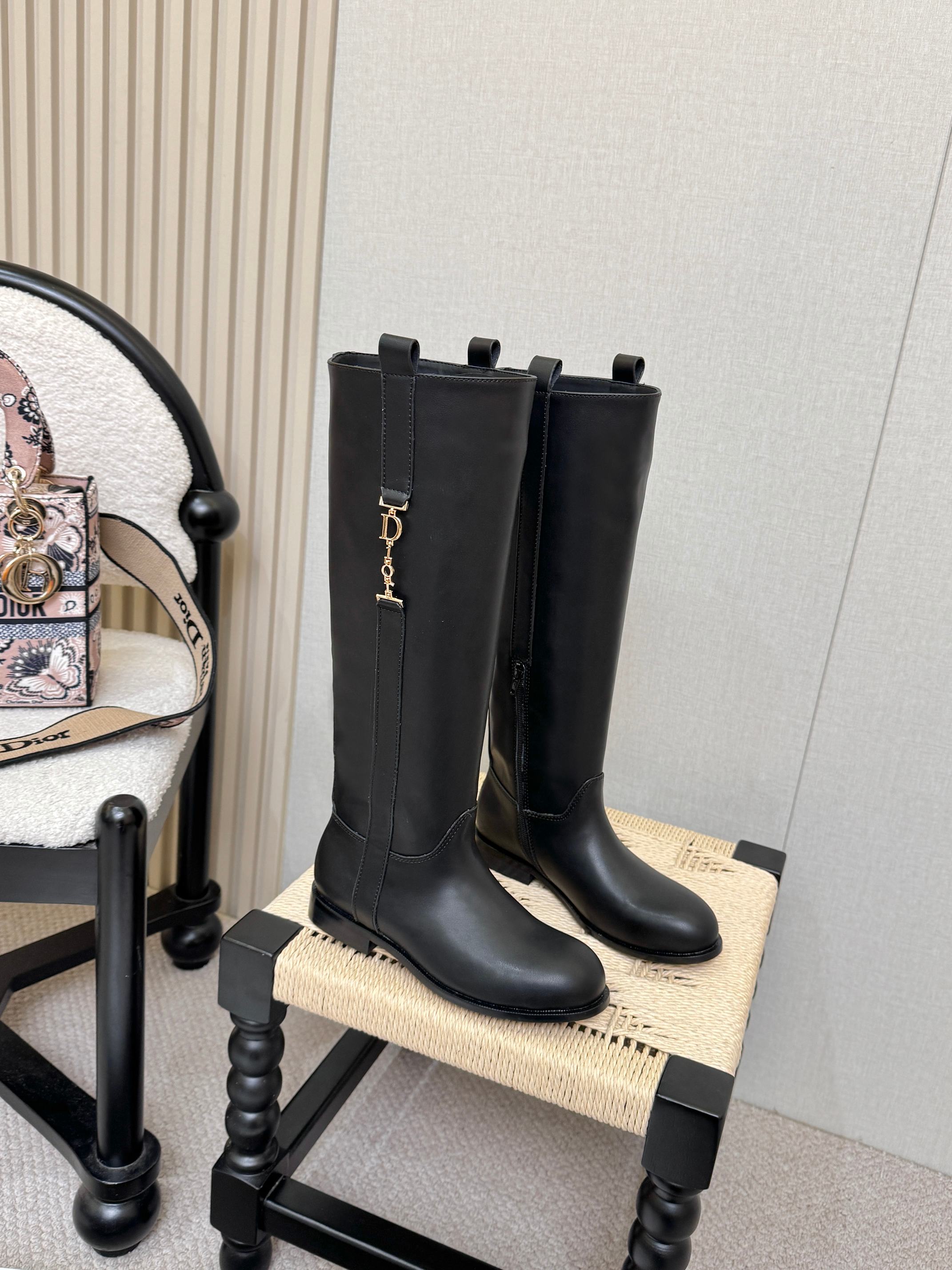 Dior Black Logo Knee High Riding Boots