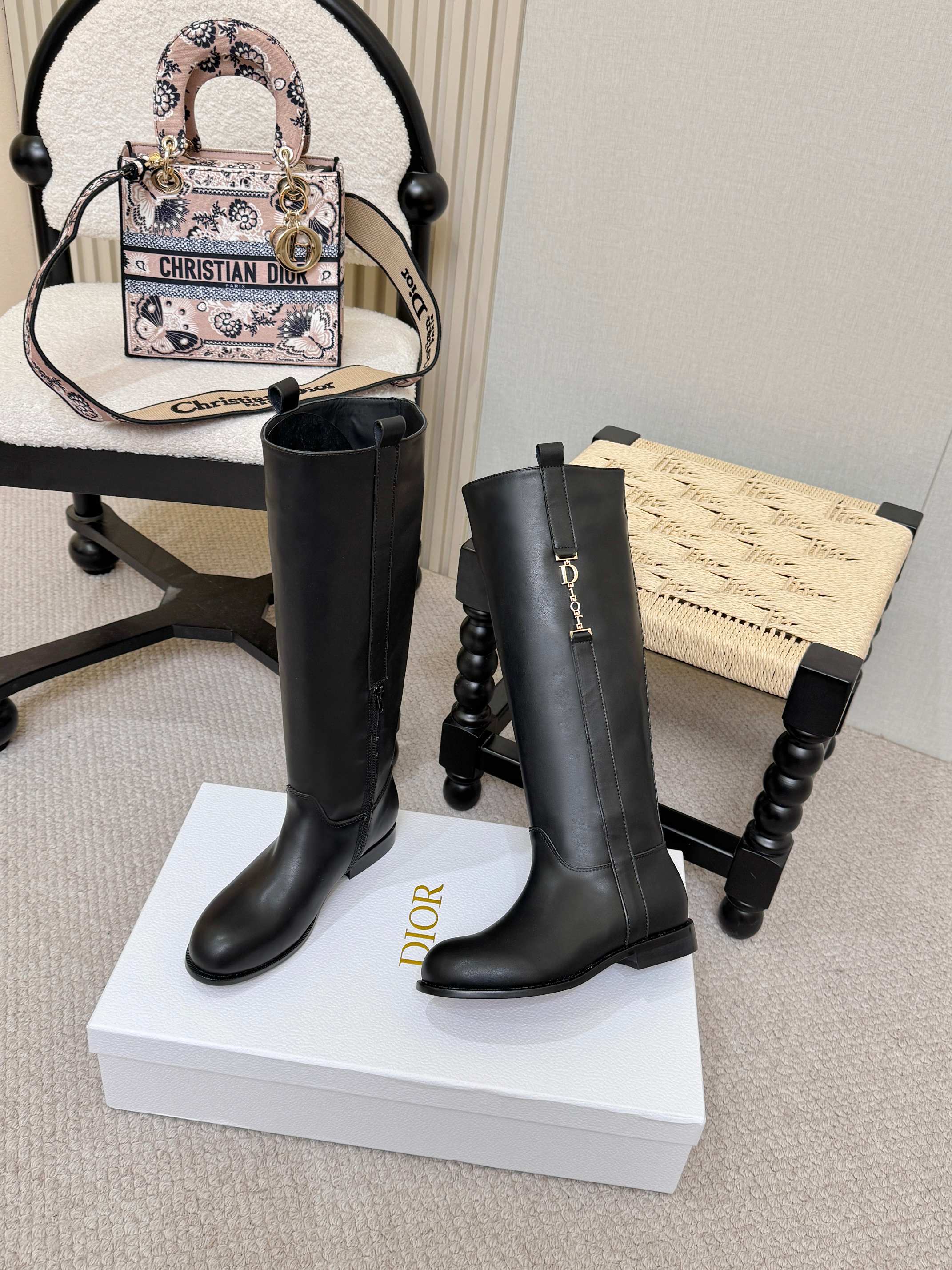 Dior Black Logo Knee High Riding Boots