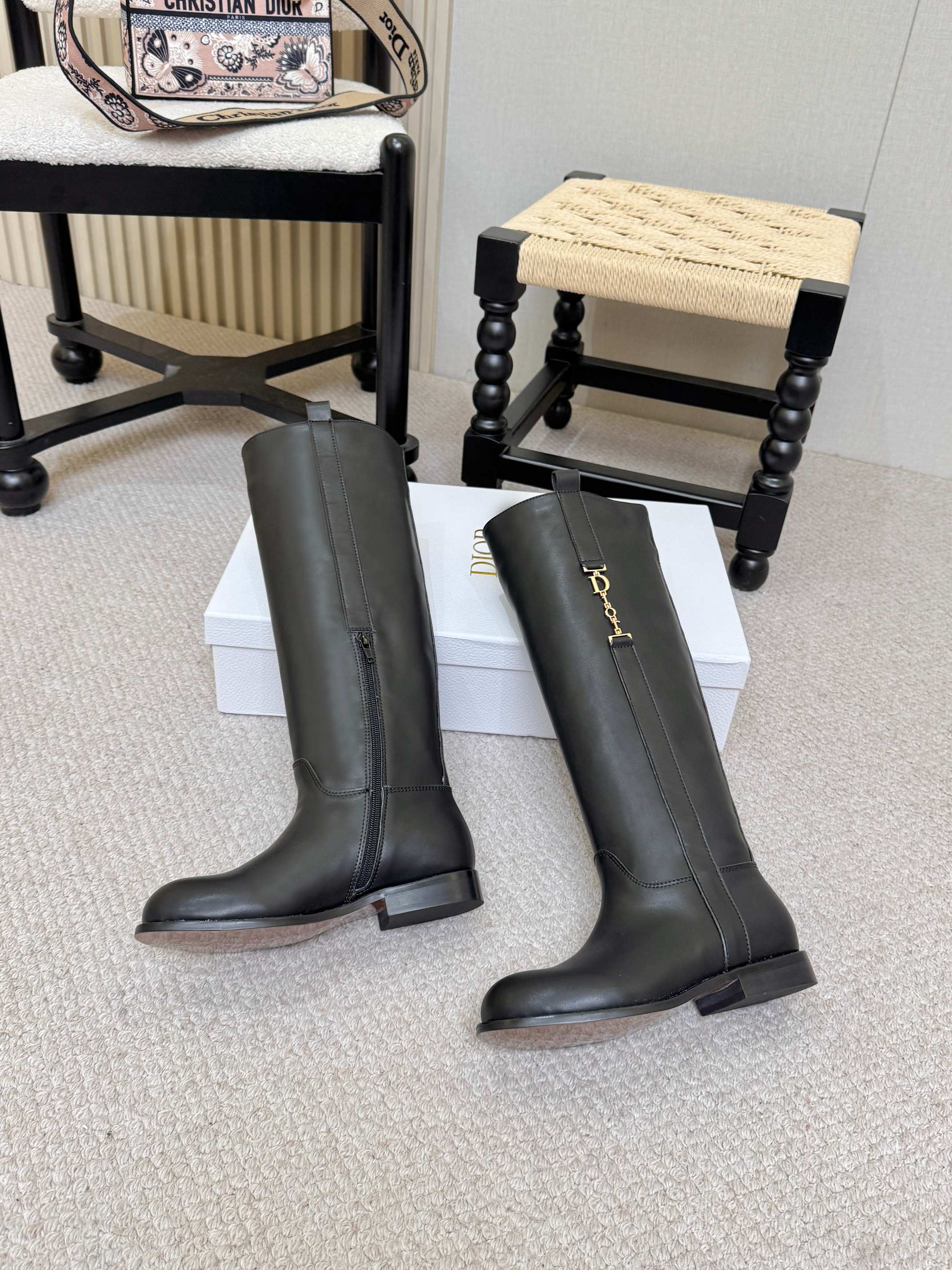 Dior Black Logo Knee High Riding Boots