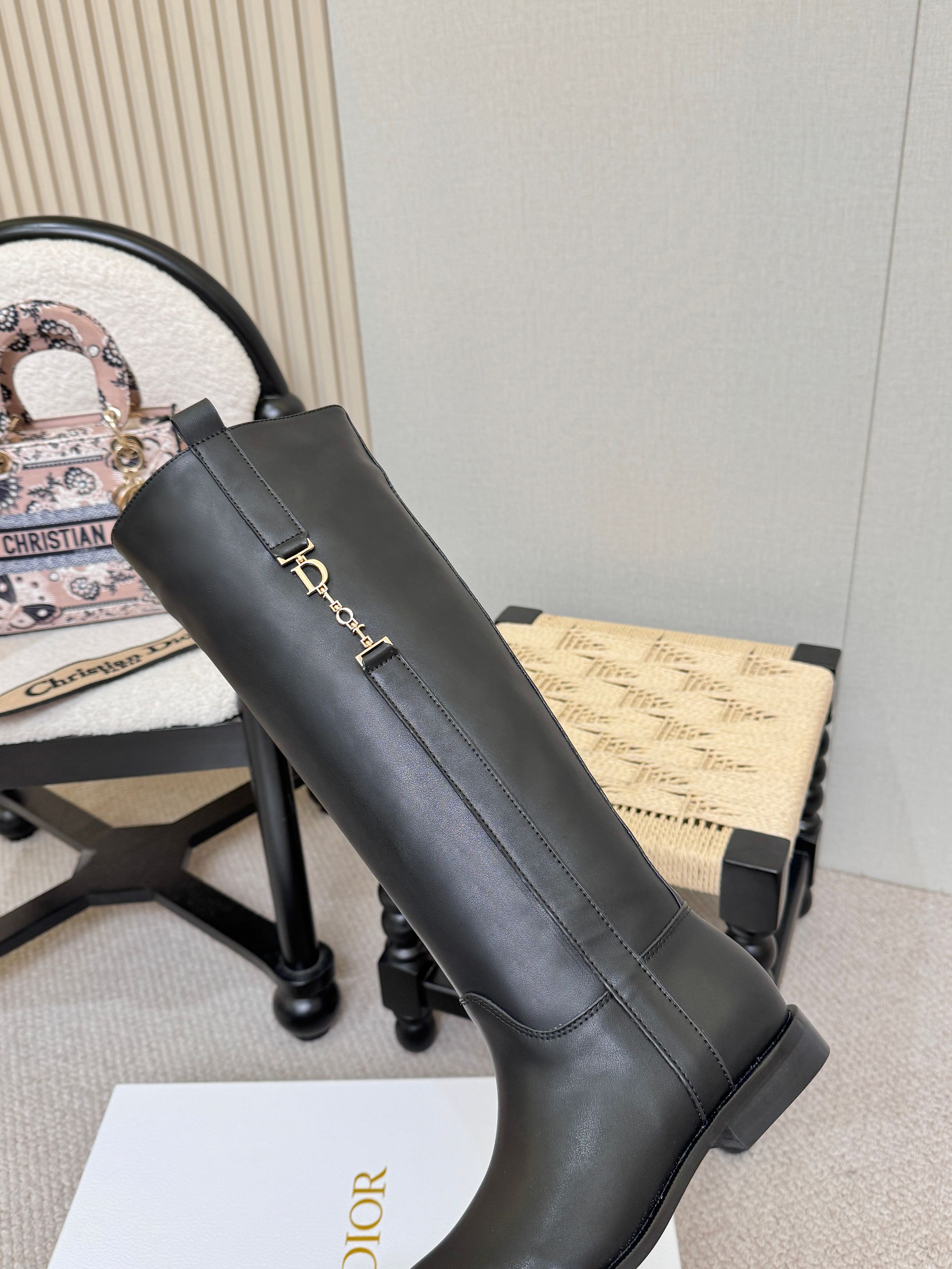 Dior Black Logo Knee High Riding Boots