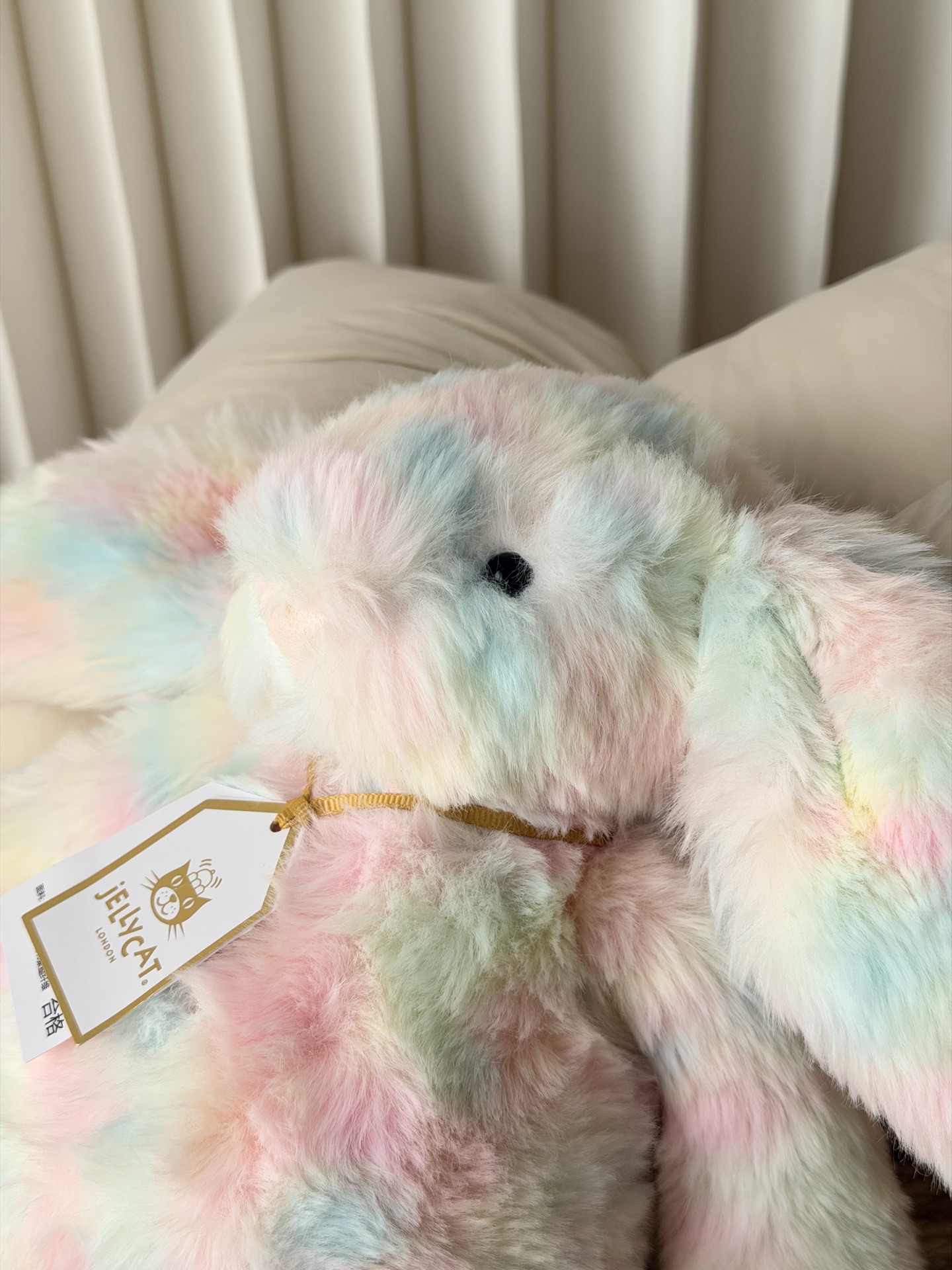 NO:811229,The iconic floppy ears, round black safety eyes, and light pink flocked nose, with rounded lines and no edges, full of innocence, perfectly retain the healing soul of the Bonnie Rabbit series.  The fur of this rabbit adopts Lazulia's exclusive blending process. The colors of pink, blue, light green, milky white and other colors naturally blend like a crushed rainbow. The texture distribution of each rabbit is unique, and there are no two completely repeated. It comes with a dreamy soft light filter, which will show a delicate gradient luster under natural light. It is easy to film without adding a filter. Jellycat doll19860909标志性的垂耳、圆溜溜的黑色安全眼睛,搭配浅粉色的植绒小鼻头,线条圆润无棱角,无辜感拉满,完美保留了邦尼兔系列的治愈灵魂. 这只兔子的毛茸采用拉祖利亚专属晕染工艺,粉、蓝、浅绿、奶白等色彩像被揉碎的彩虹般自然交融,每一只的纹理分布都是独一无二的,没有完全重复的两只,自带梦幻柔光滤镜,在自然光下会呈现出细腻的渐变光泽,完全不用加滤镜就很好出片.,Jellycat公仔,accessory