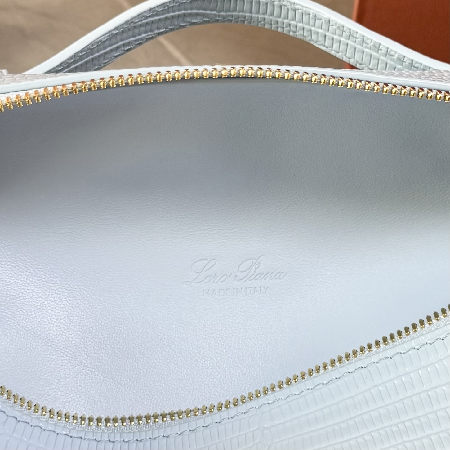 Loro piana Extra Pocket L19手拿包 小牛皮/货号:FAI8393 颜色：浅蓝色蜥蜴纹 产品详情