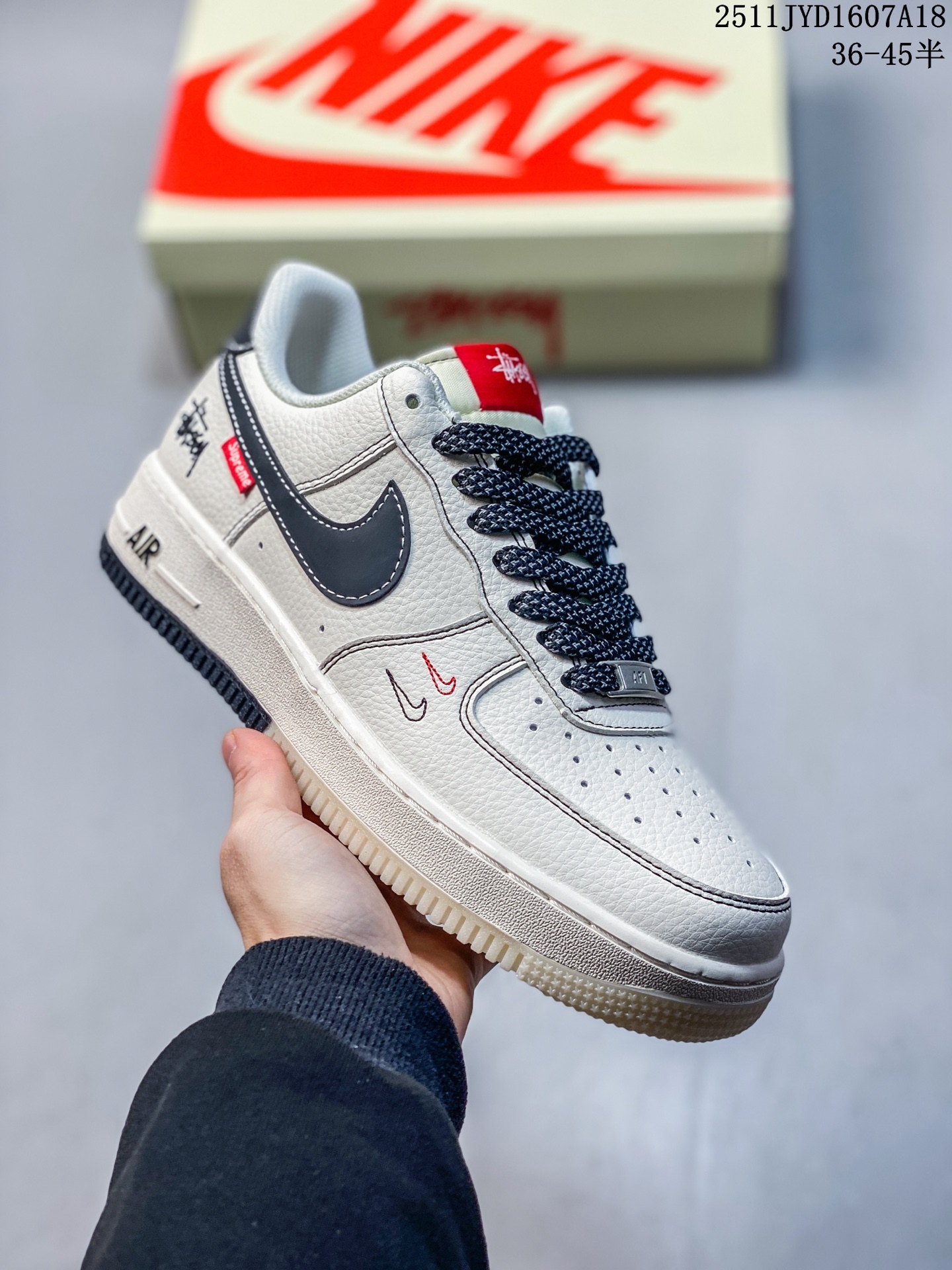海外爆款限量发售!公司级Nike Air Force 1 '07 Low “斯图西联名 Supreme联名——米黑水晶底”空军一号 高端定制 低帮 运动鞋 休闲鞋 折边针车 工艺难度大 原楦头原纸板 原装鞋盒 定制五金配件 内置全掌气垫 原厂鞋底 货号:HH7518-036 JYD1607A18