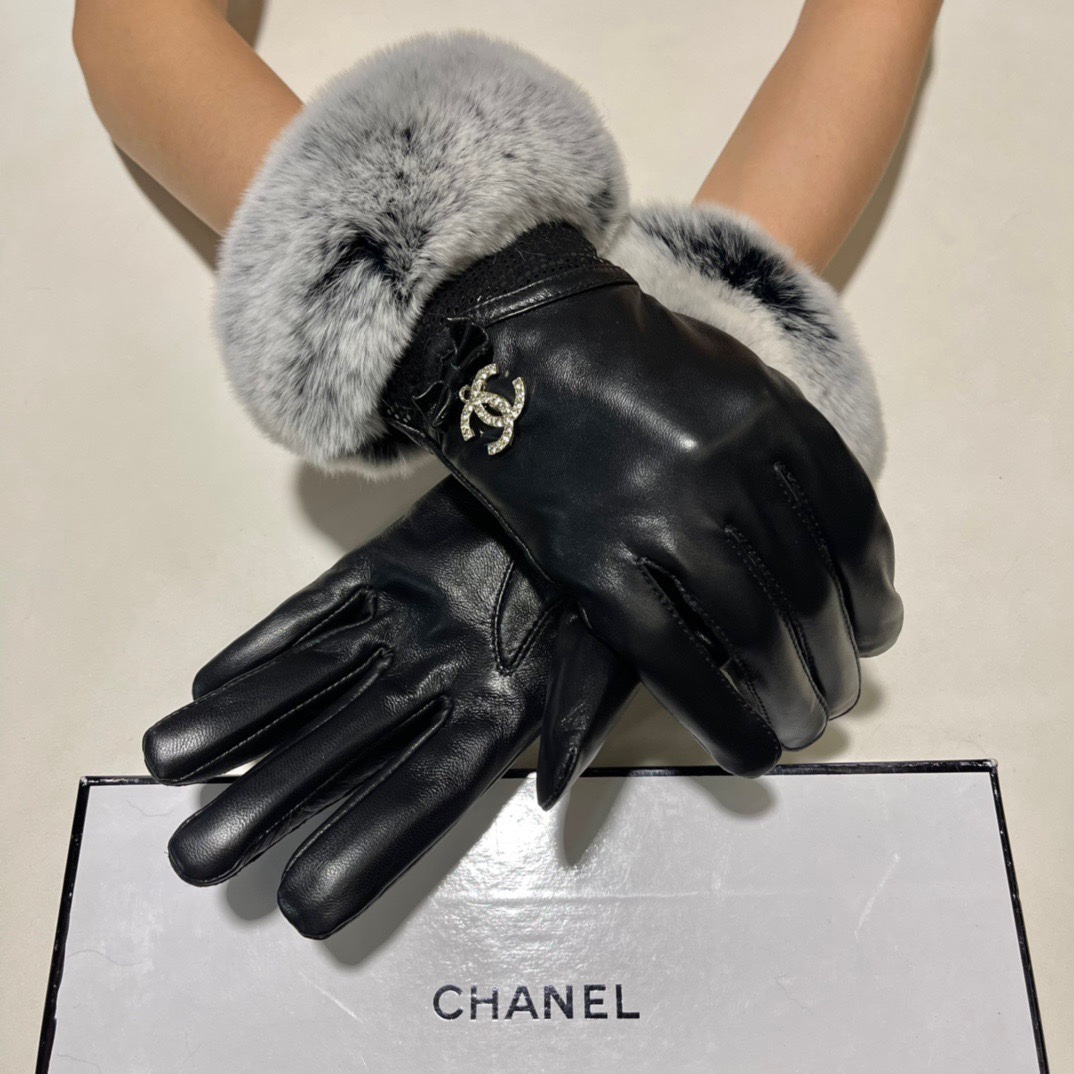 配包装Chanel香奈儿2023秋冬懒兔毛羊皮手套手机触屏值得对比同款不同品质秒杀市场差产品进口一级羊皮