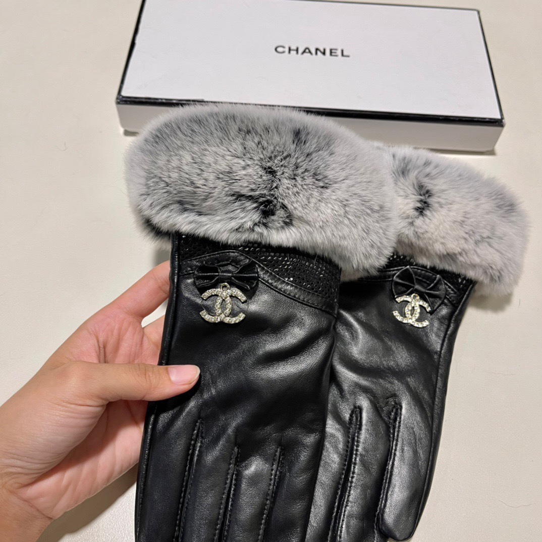 配包装Chanel香奈儿2023秋冬懒兔毛羊皮手套手机触屏值得对比同款不同品质秒杀市场差产品进口一级羊皮