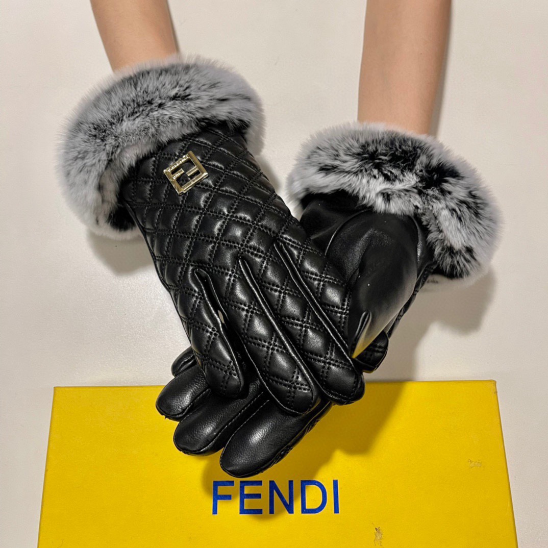 配包装芬迪FENDI2021秋冬懒兔毛羊皮手套手机触屏值得对比同款不同品质秒杀市场差产品进口一级羊皮懒兔