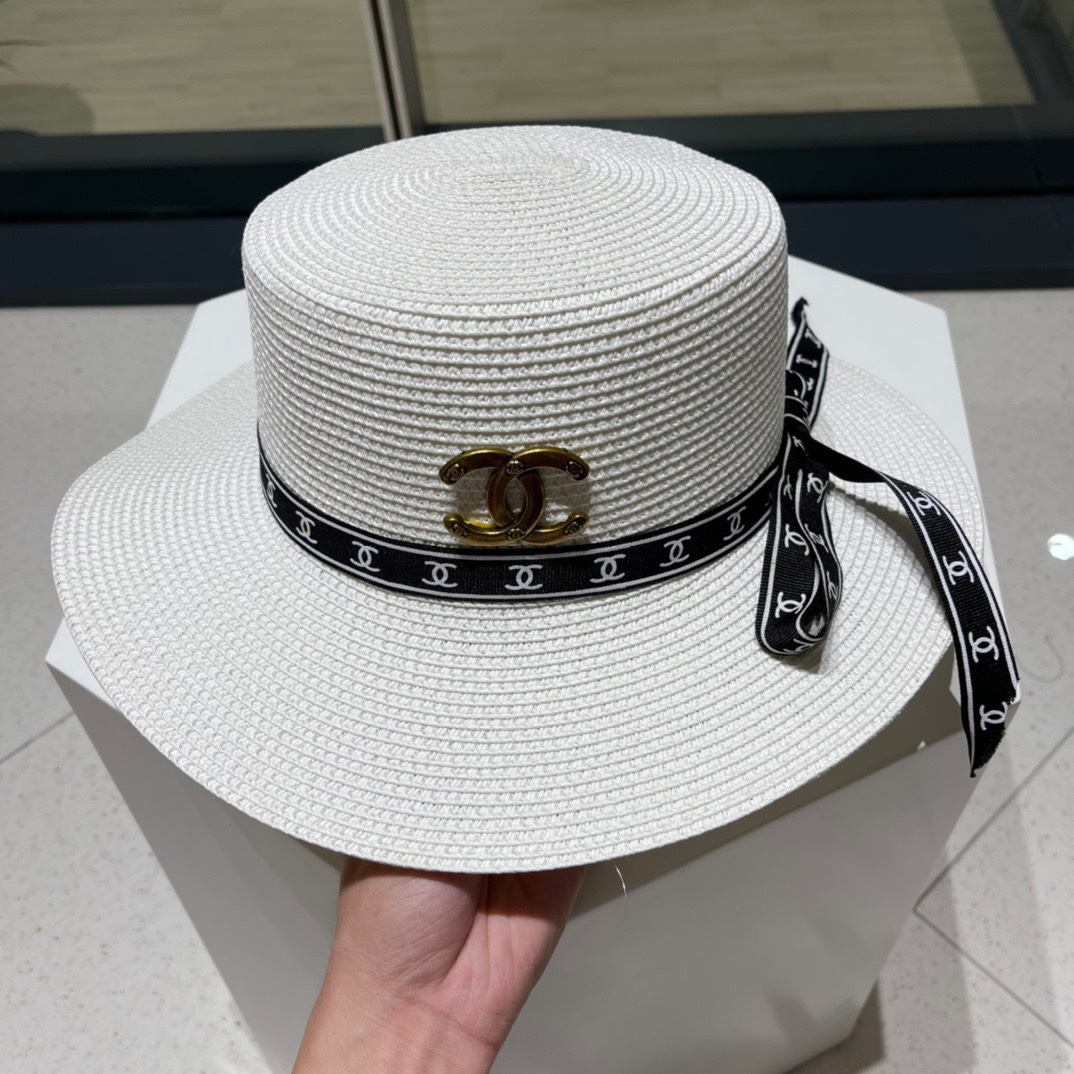  Chanel香奈儿平顶帽，太阳草帽，名媛风，头围57cm