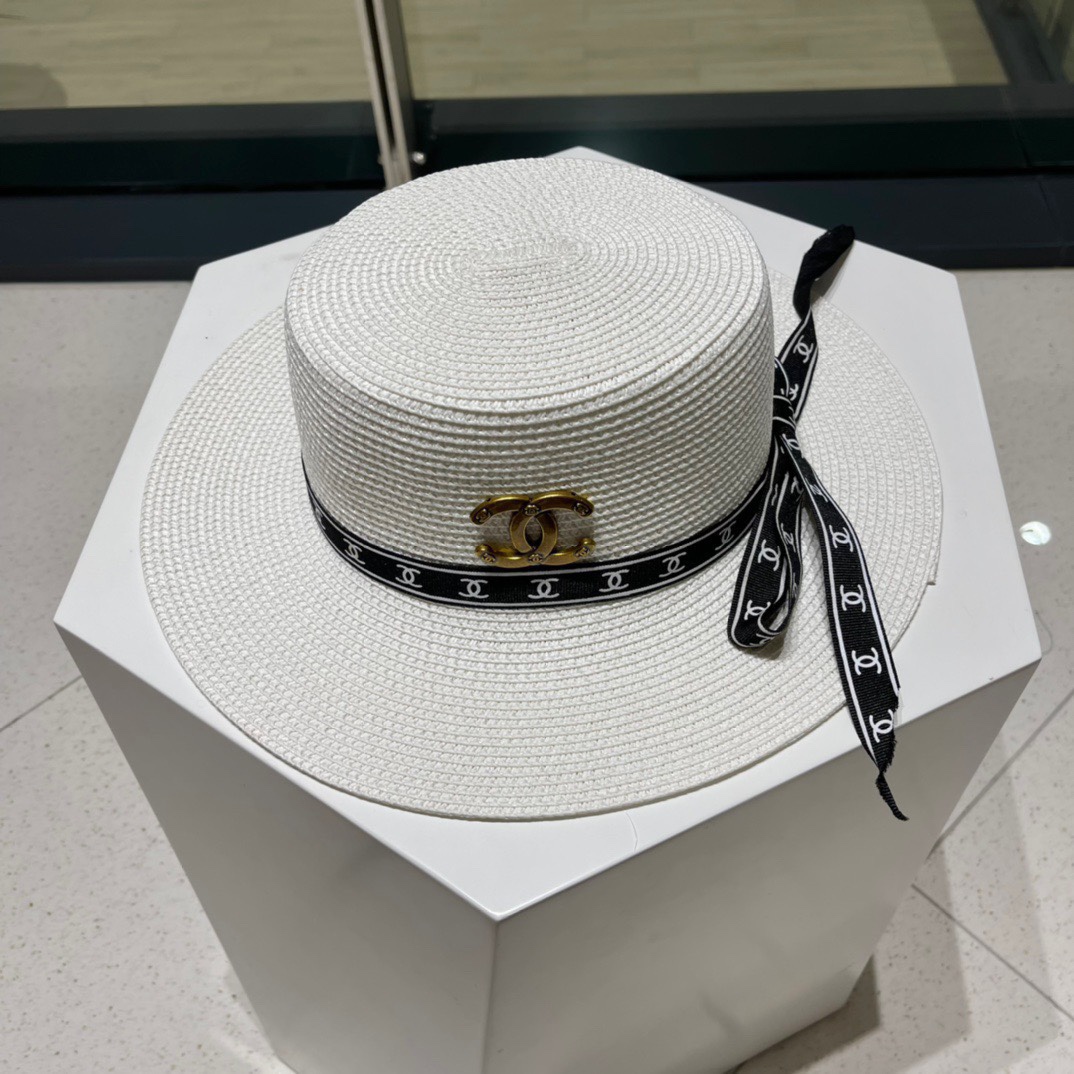  Chanel香奈儿平顶帽，太阳草帽，名媛风，头围57cm