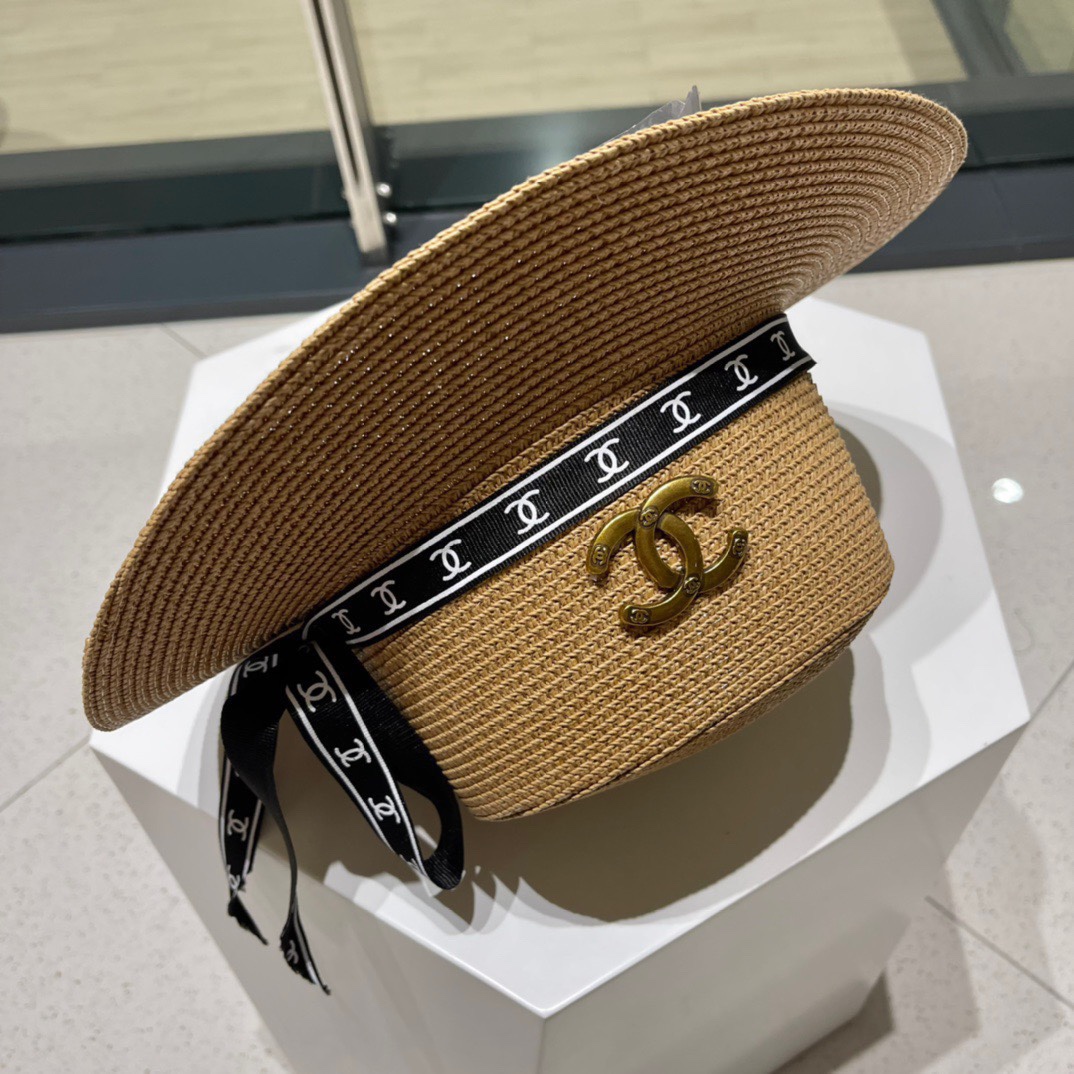  Chanel香奈儿平顶帽，太阳草帽，名媛风，头围57cm