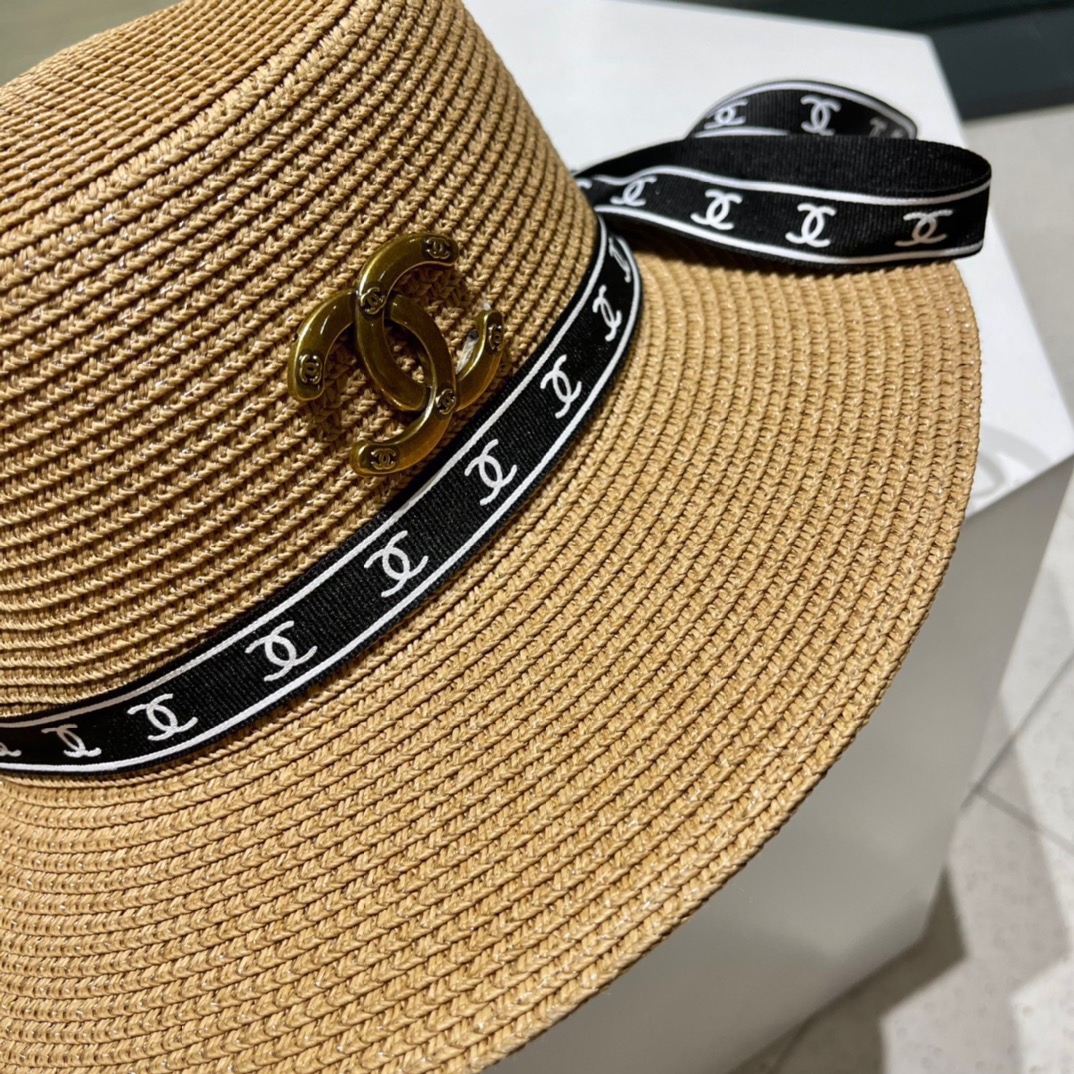  Chanel香奈儿平顶帽，太阳草帽，名媛风，头围57cm