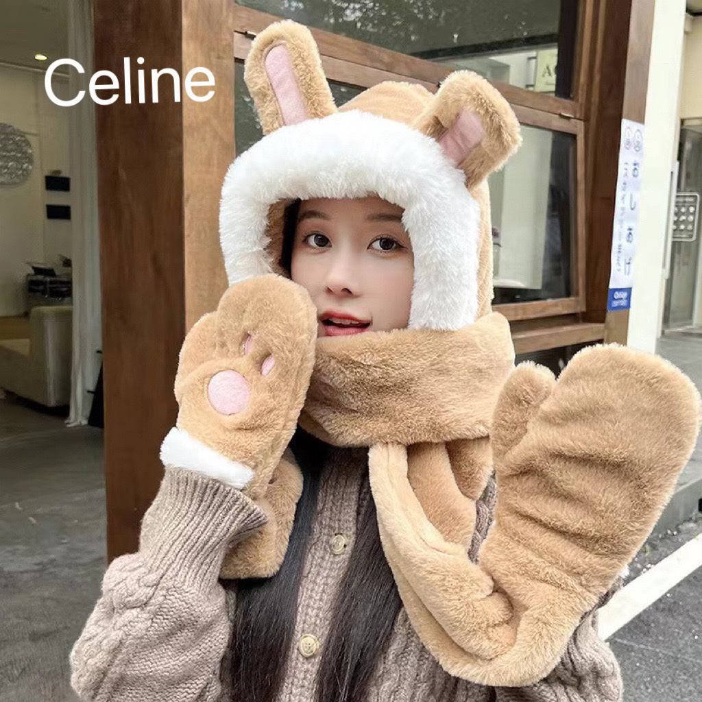 Celine Celine gorro, bufanda y guantes en uno para mujer, otoño e invierno, orejas de conejo, oso, juego de tres piezas…