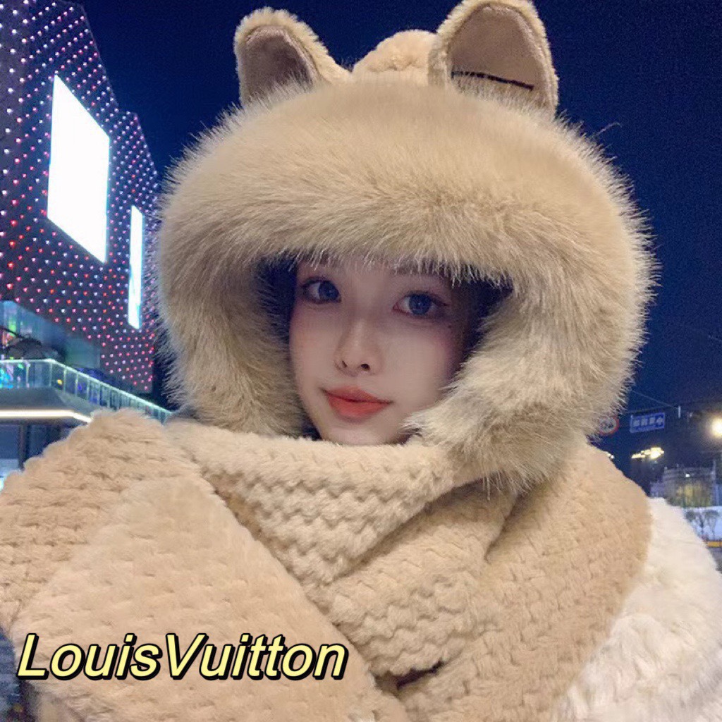 Lv gorro de orejas de zorro, gorro de piel para mujer, gorro de invierno para redes sociales, conjunto de 3 piezas de b…