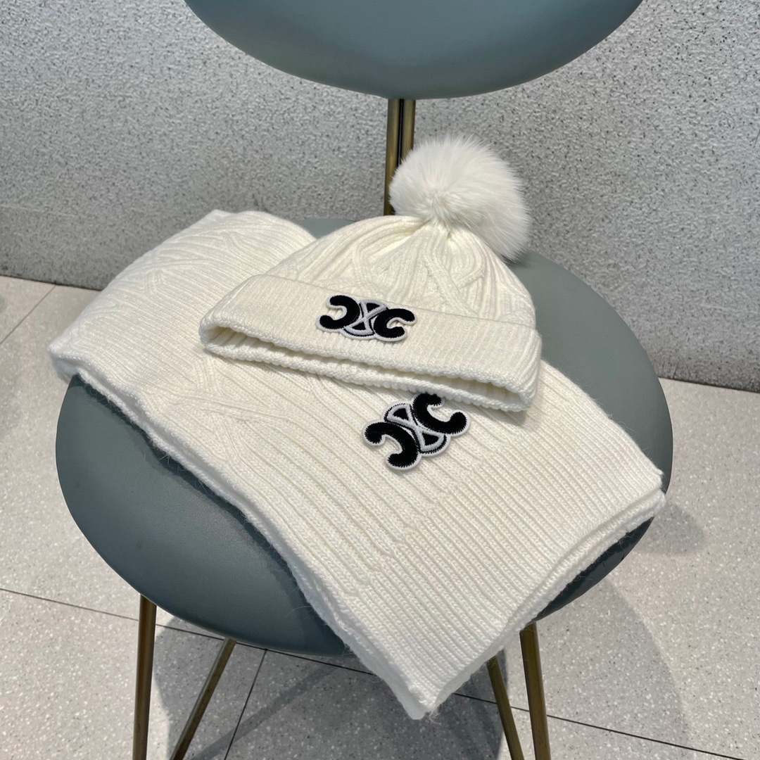 CELINE. [Conjunto de lana de dos piezas: gorro de piel de zorro + bufanda] ¡Conjunto clásico! ¡Muy cálido y súper cómod…