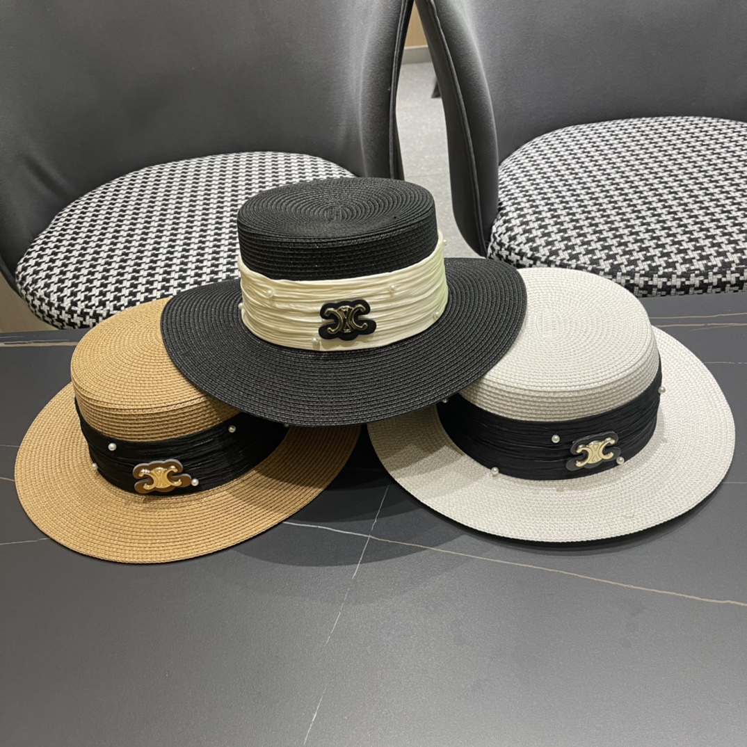 Celine Sai Lin 2024 primavera nuevo sombrero de paja de copa plana, alta personalización, mucho stock, imprescindible p…
