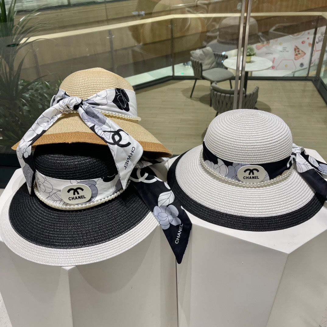 Sombrero de paja Chanel, sombrero de sol, sombrero de paja para proteger del sol, estilo dama elegante, cintas, muchos …