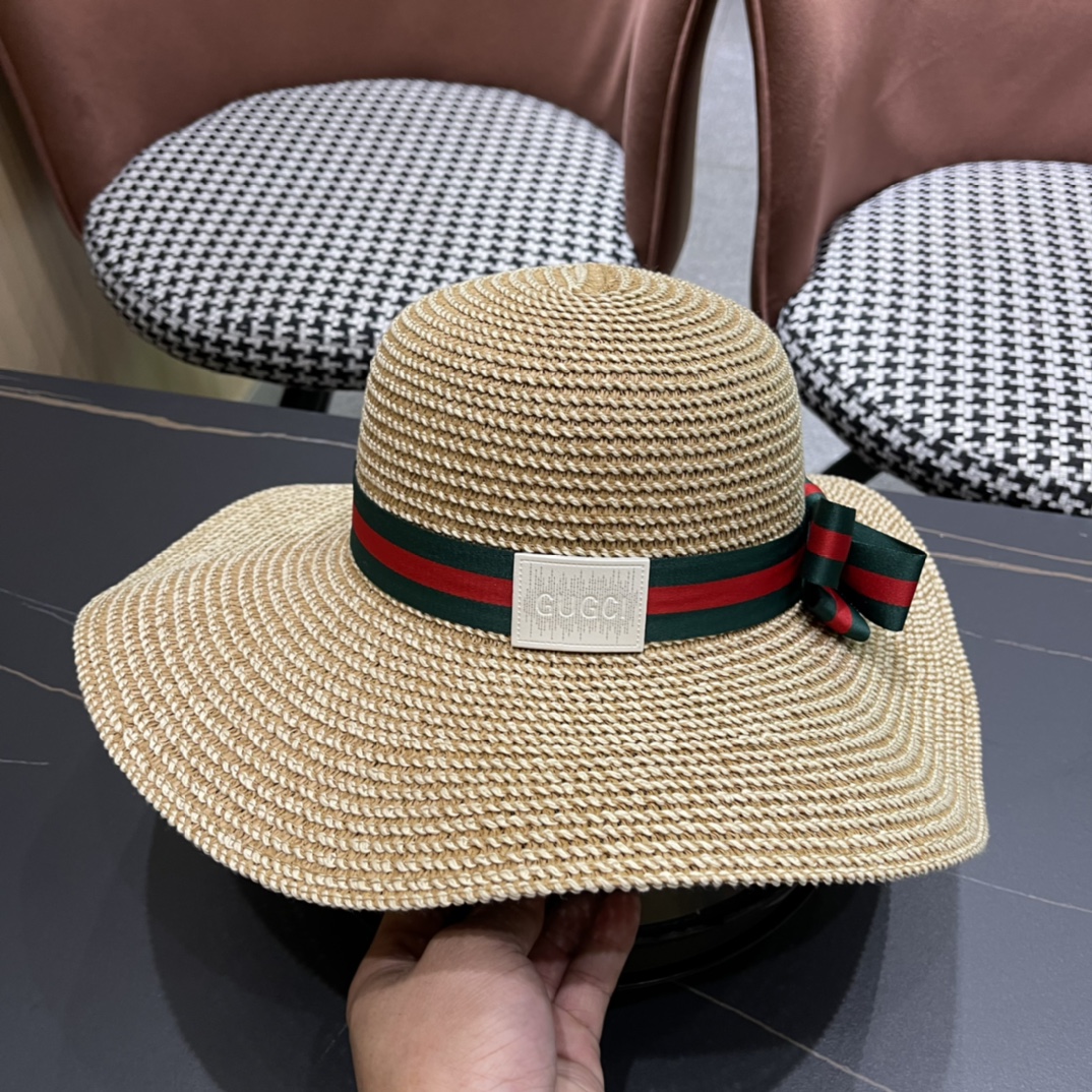 。Gucci古奇2024新款草帽，名媛风遮阳帽，蝴蝶结飘带，旅游出街必备