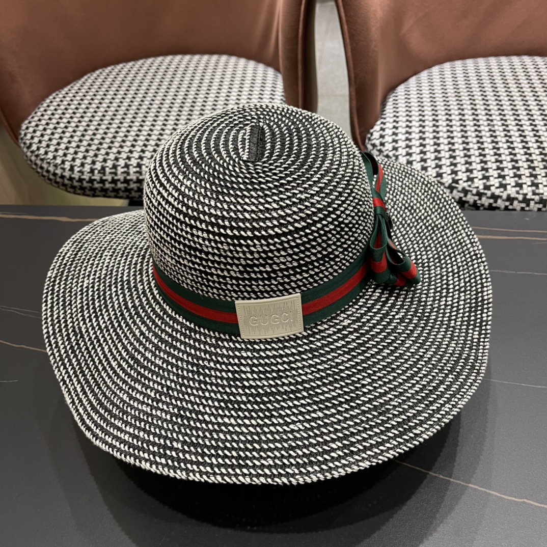 。Gucci古奇2024新款草帽，名媛风遮阳帽，蝴蝶结飘带，旅游出街必备