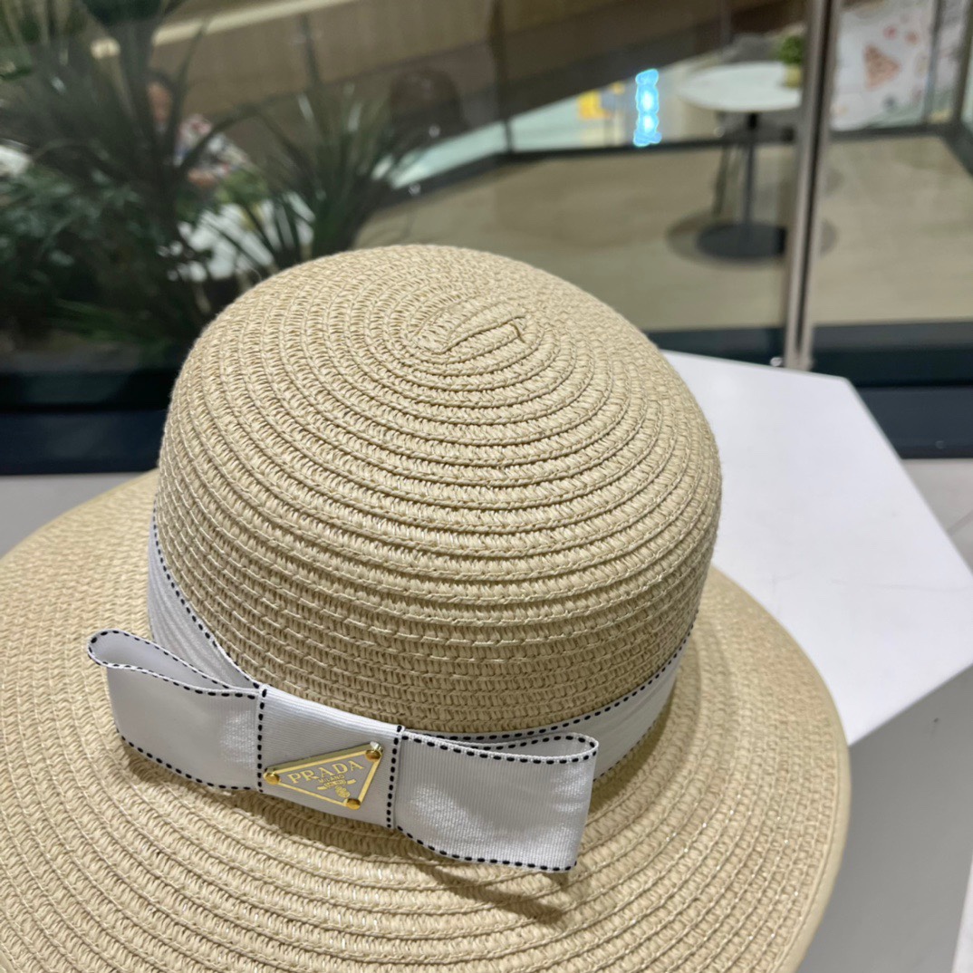 Prada普拉达草帽包边帽檐太阳帽沙滩遮阳帽头围57cm