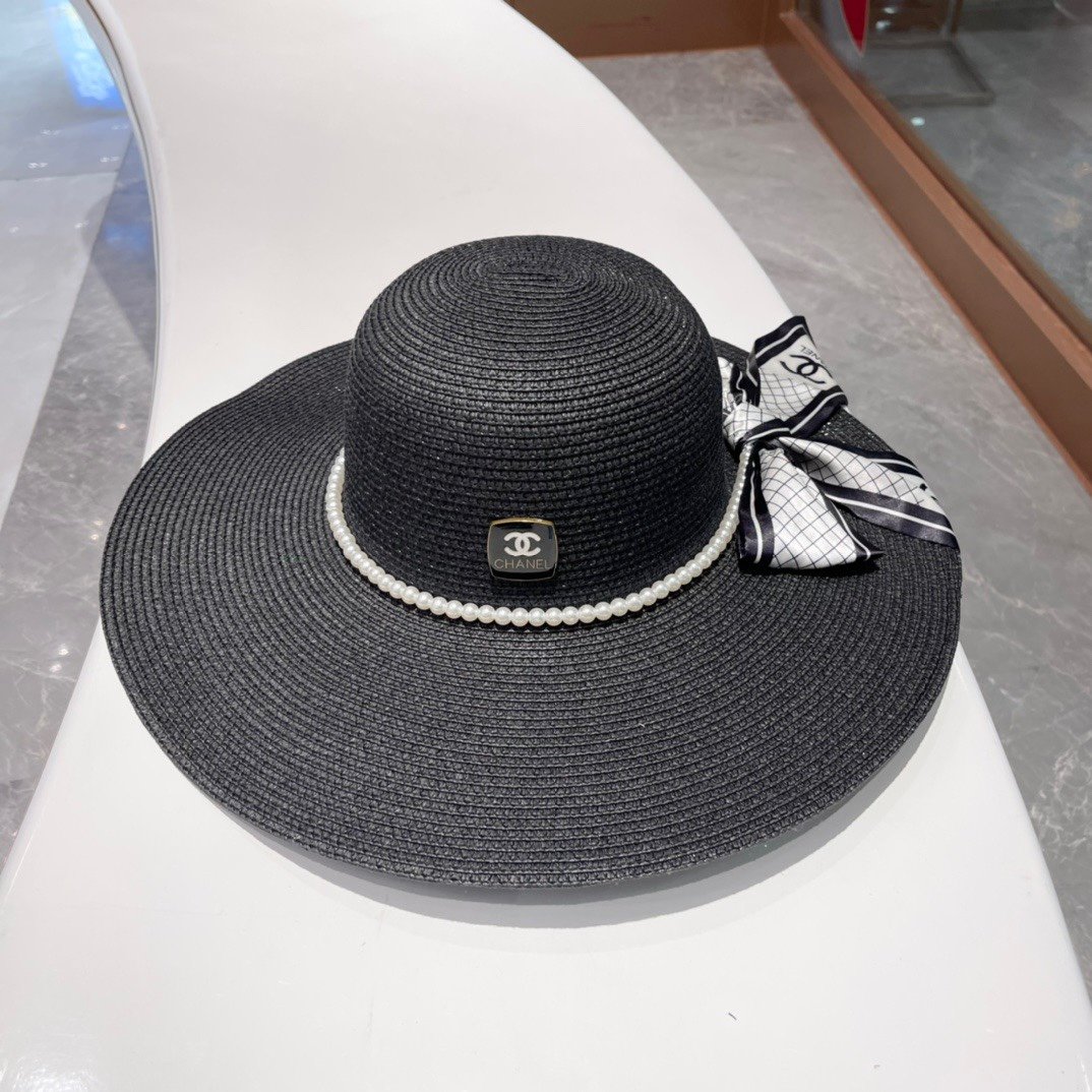 香奈儿Chanel太阳帽大帽檐遮阳帽超名媛蝴蝶结草帽头围57cm