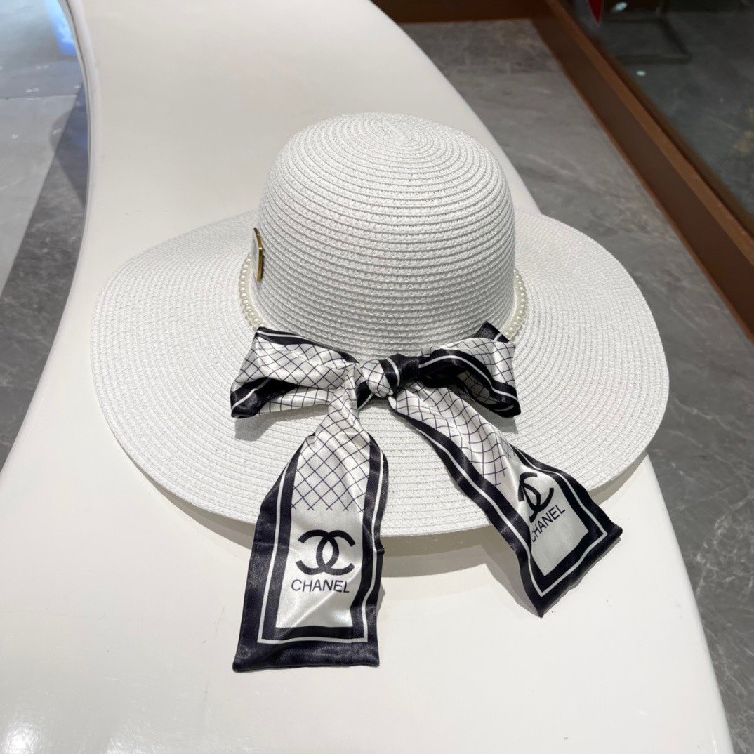 香奈儿Chanel太阳帽大帽檐遮阳帽超名媛蝴蝶结草帽头围57cm