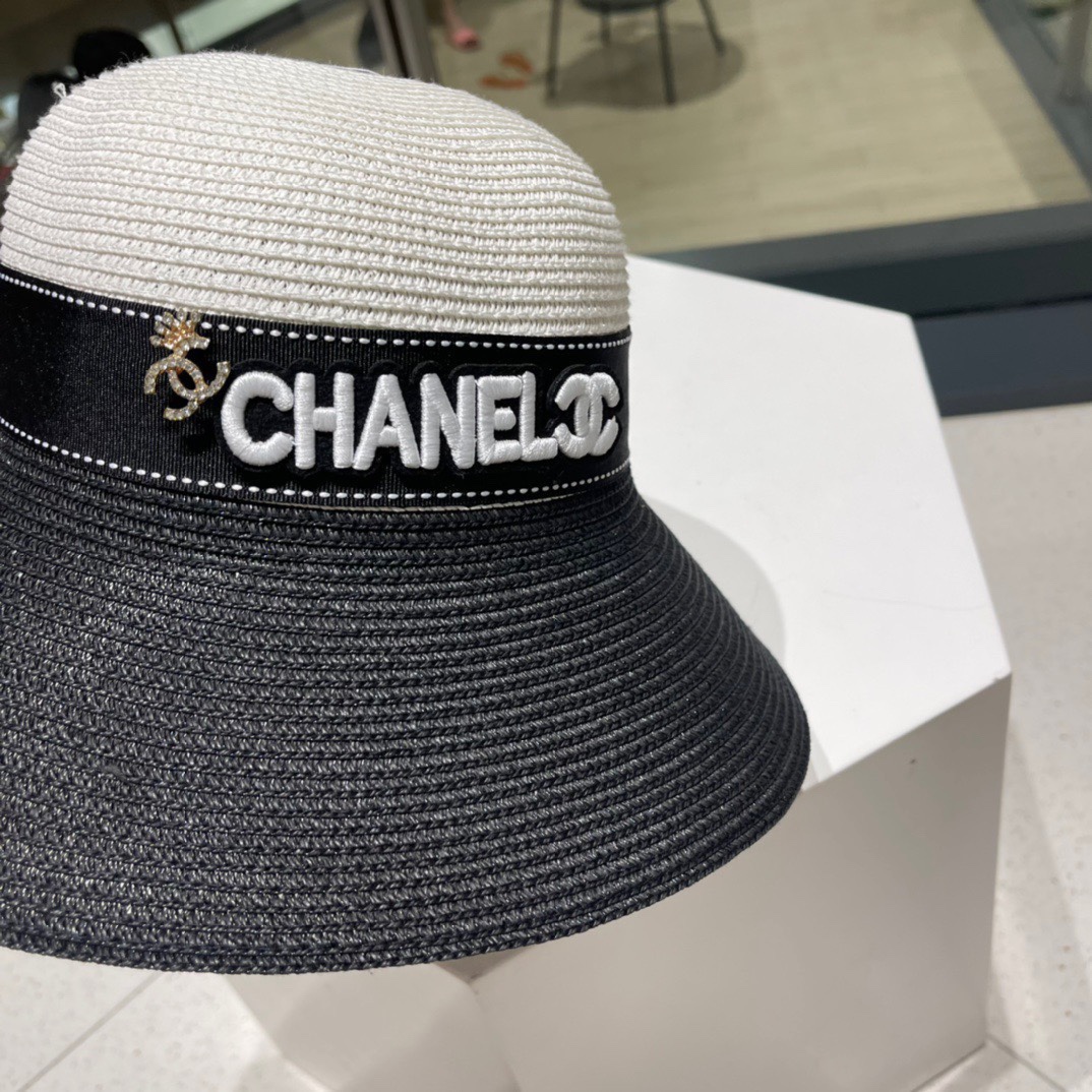 Chanel 香奈儿拼色草帽，名媛风黑白两色，头围57cm