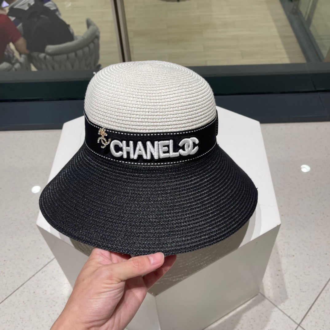 Chanel 香奈儿拼色草帽，名媛风黑白两色，头围57cm