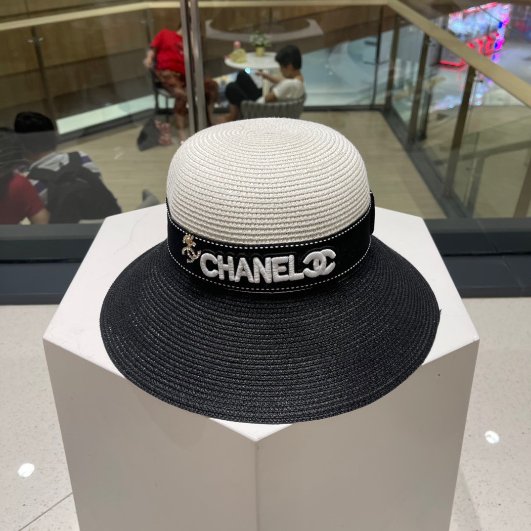 Chanel 香奈儿拼色草帽，名媛风黑白两色，头围57cm