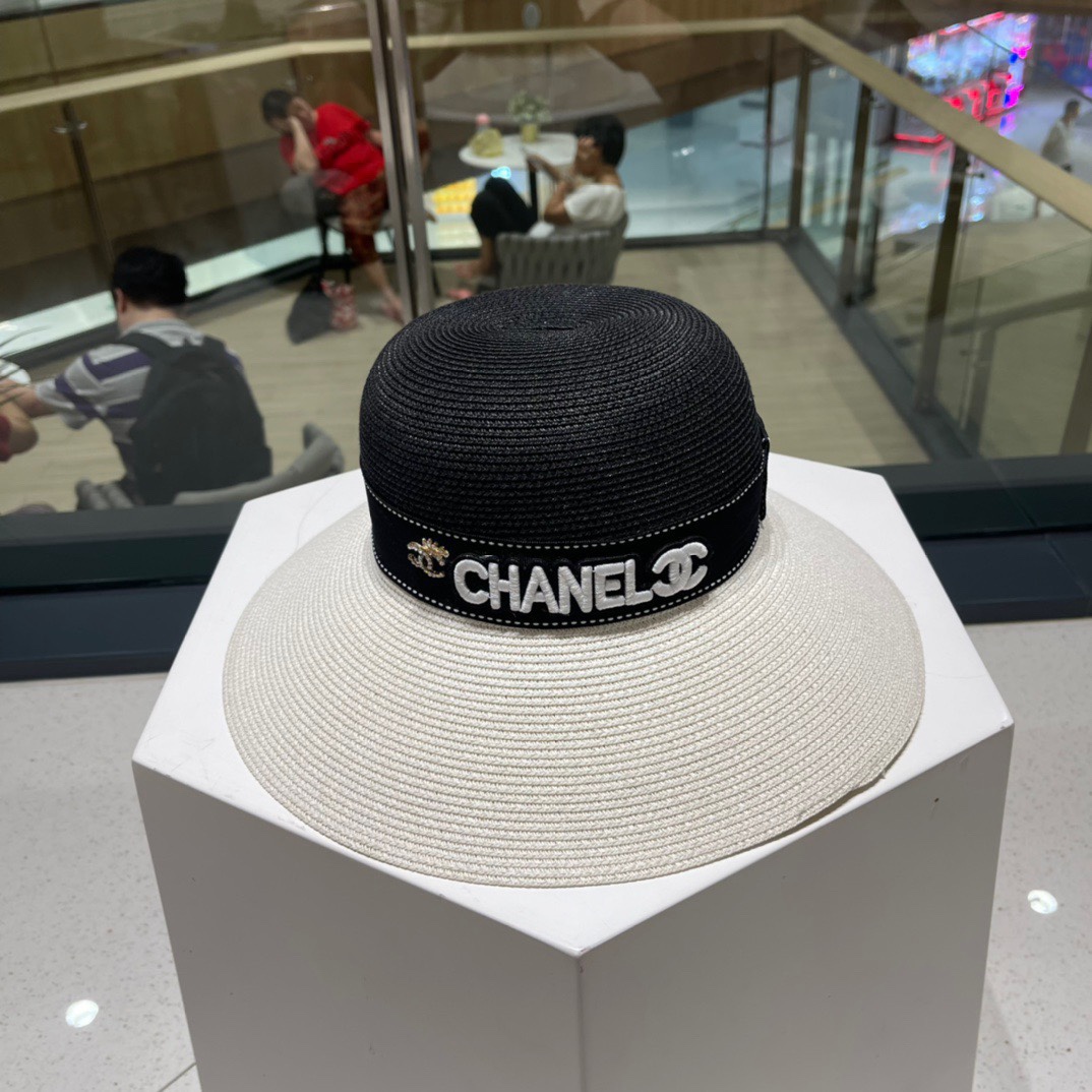 Chanel 香奈儿拼色草帽，名媛风黑白两色，头围57cm