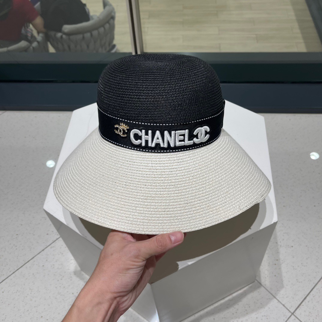 Chanel 香奈儿拼色草帽，名媛风黑白两色，头围57cm