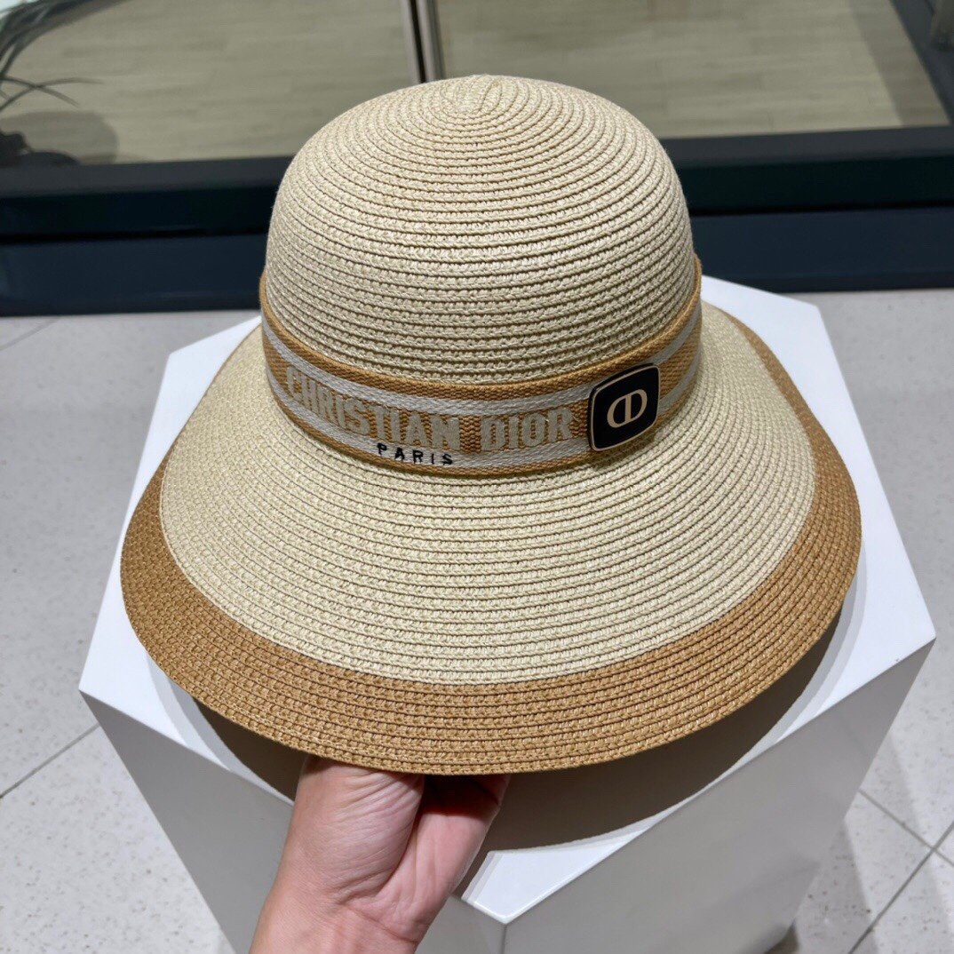 Dior迪奥新款草帽遮阳帽太阳帽沙滩遮阳帽帽拼色头围57cm