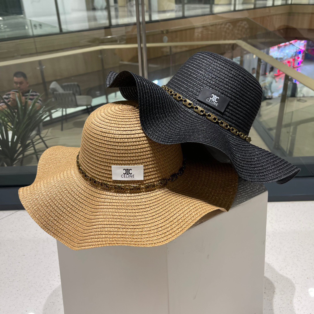【CELINE Celine】Nuevo modelo 2023 de sombrero de paja de ala ancha con volantes de algodón y gasa, imprescindible para s…