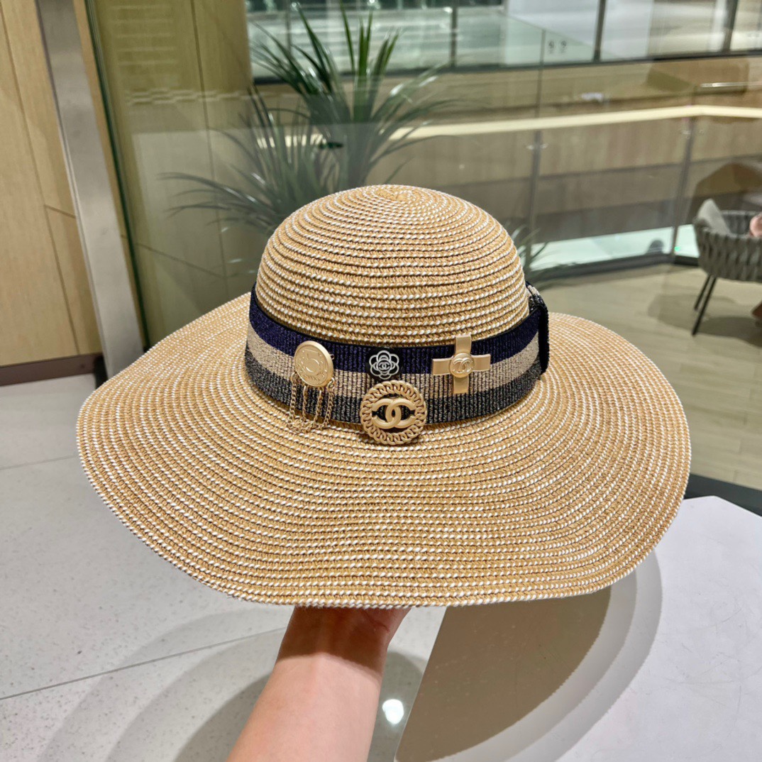 Chanel香奈儿23年新款草帽名媛风遮阳帽沙滩帽可折叠头围57cm