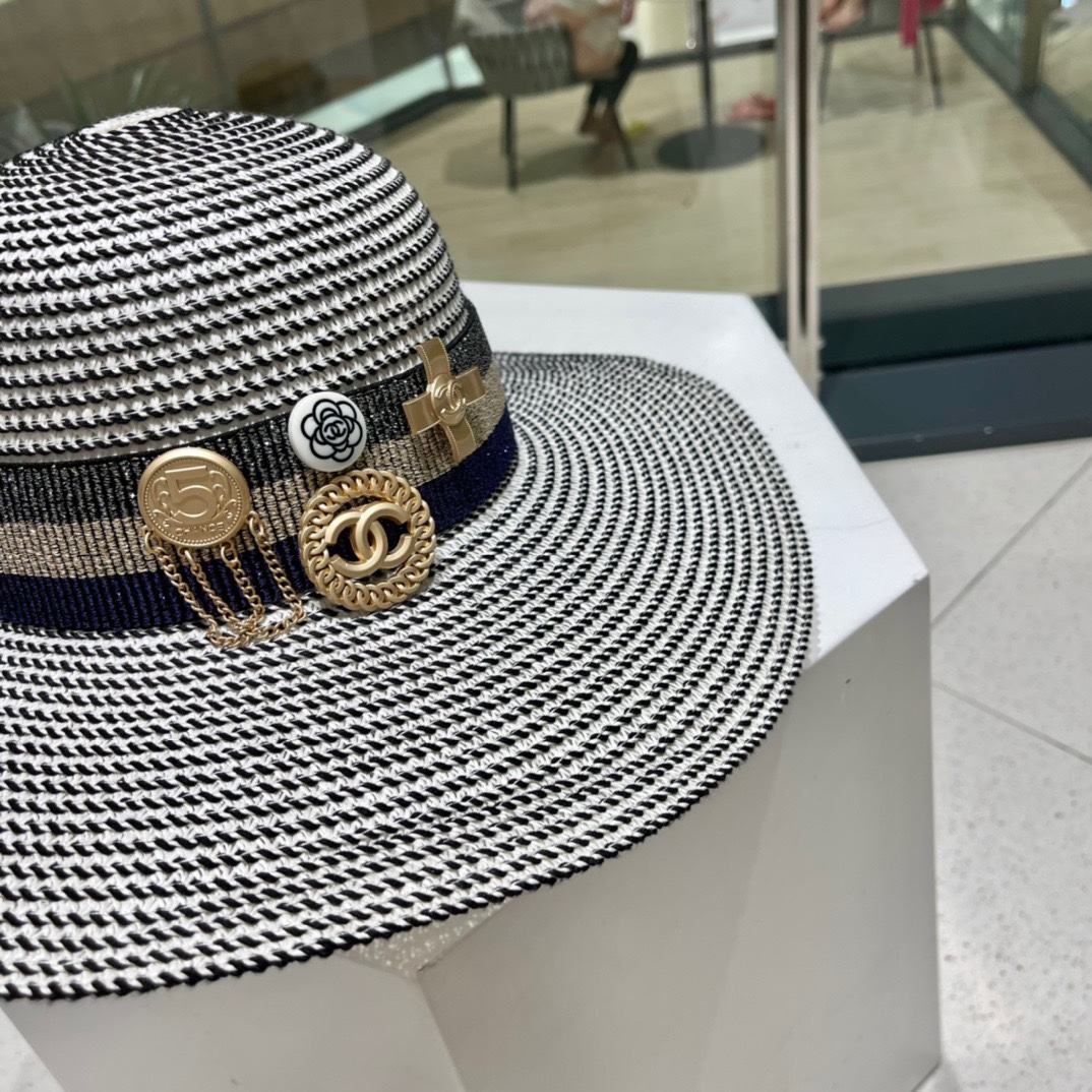 Chanel香奈儿23年新款草帽名媛风遮阳帽沙滩帽可折叠头围57cm