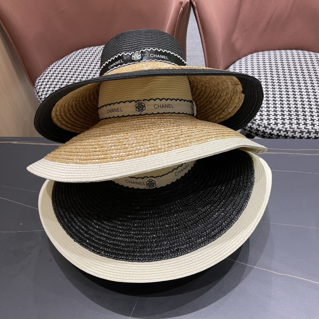 【CHANEL Chanel】2024 nuevo estilo sombrero de paja tipo cuenco con colores combinados estilo pequeño Chanel, diseño de c…